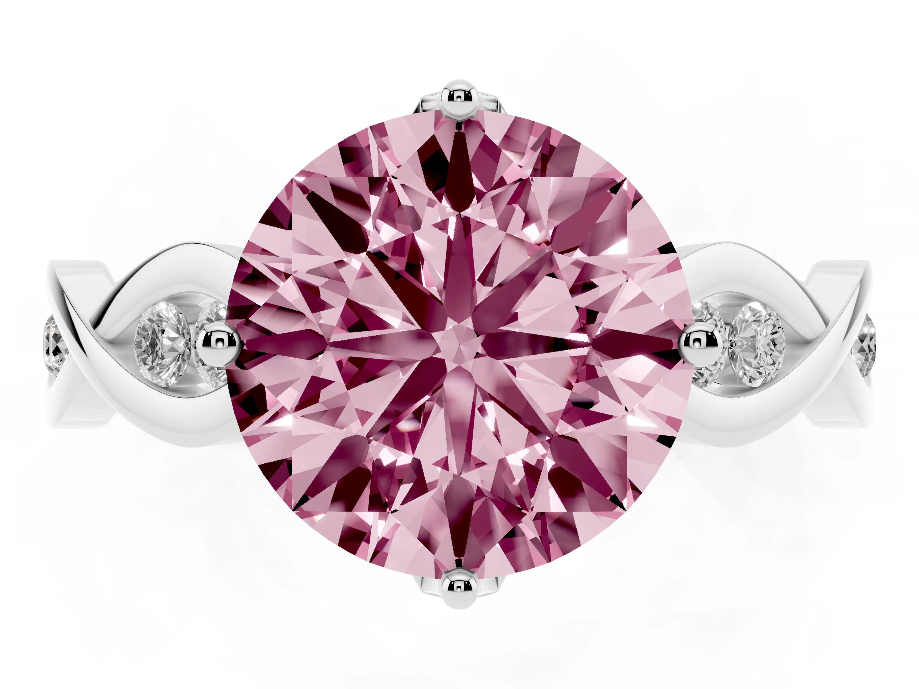 Fancy Pink Round Cut Diamond Twist Band Solitaire Ring Set in Silver with Leaf Prong Setting and Accent Stones