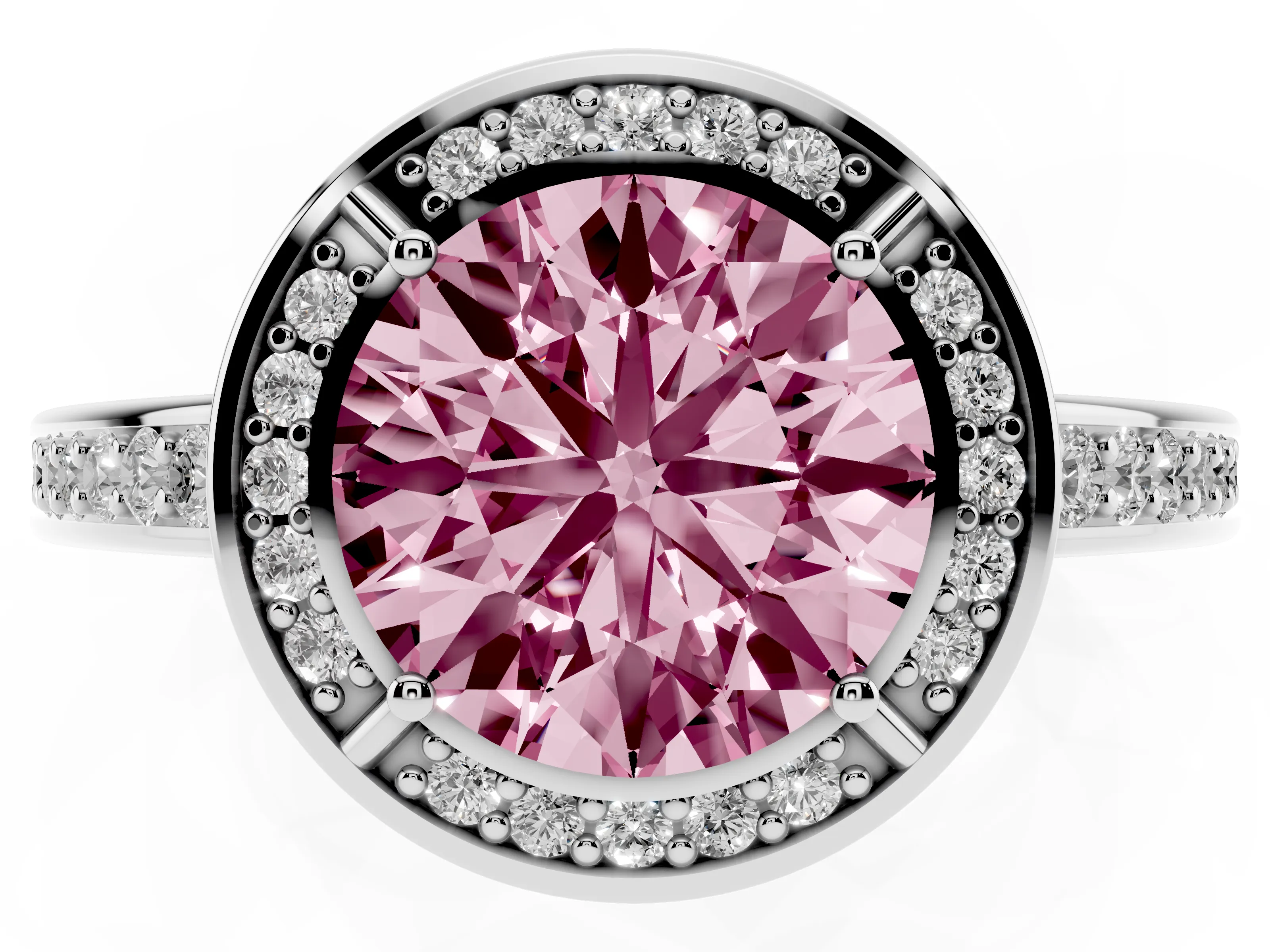 Fancy Pink Round Cut Diamond Halo Pavé Split Shank Ring Set in White gold with Prong Setting