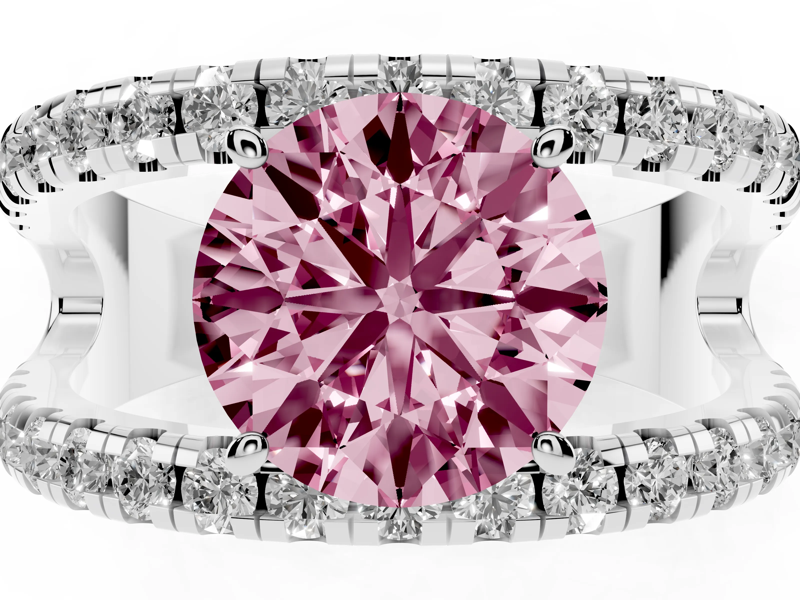 Fancy Pink Round Cut Diamond Split Shank Pavé Solitaire Ring Set in White gold with Open Shank Design