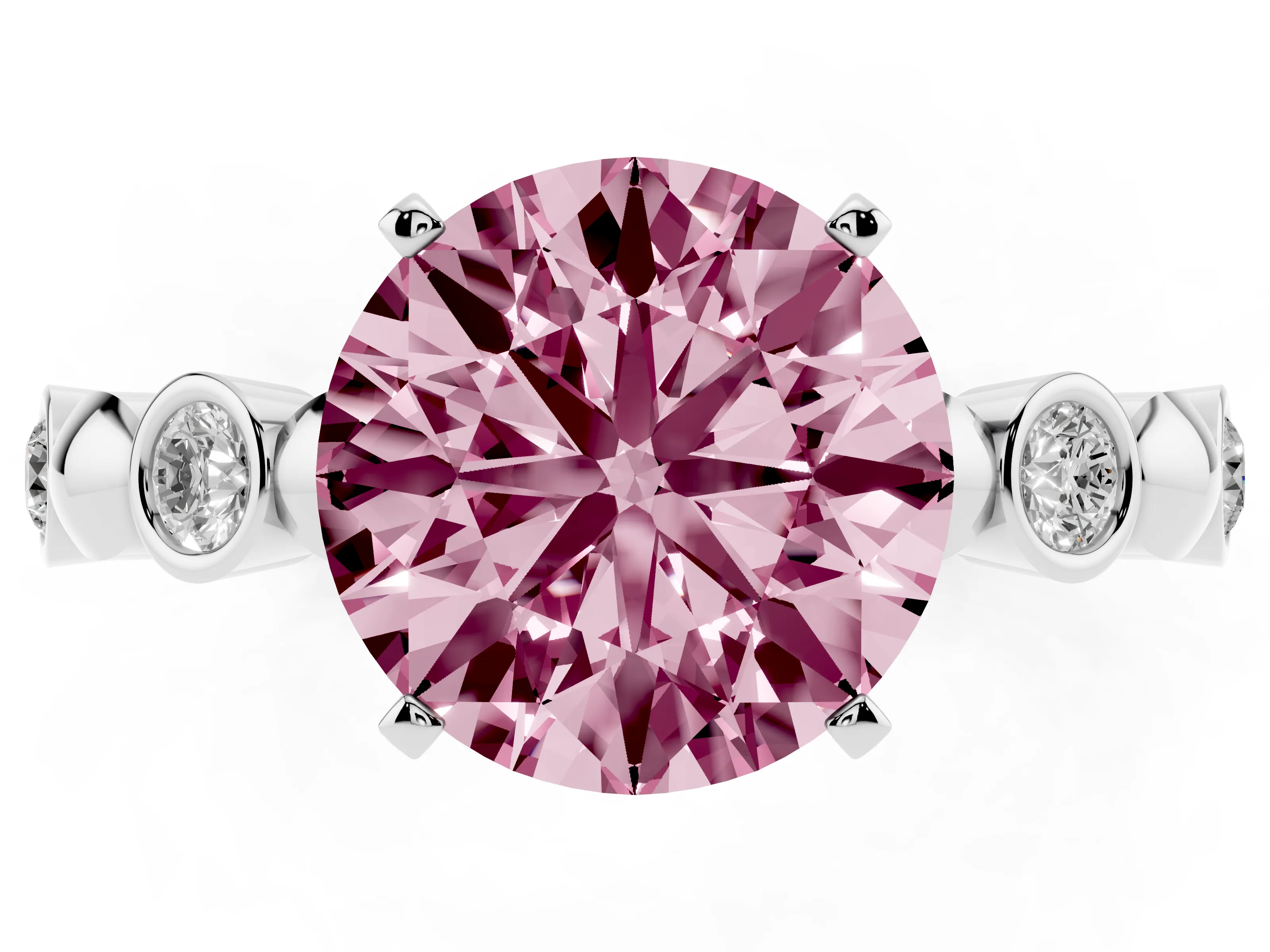 Fancy Pink Round Cut Diamond Solitaire Ring Set in Silver with Bezel-Set Accents on Beaded Band and Prong Setting