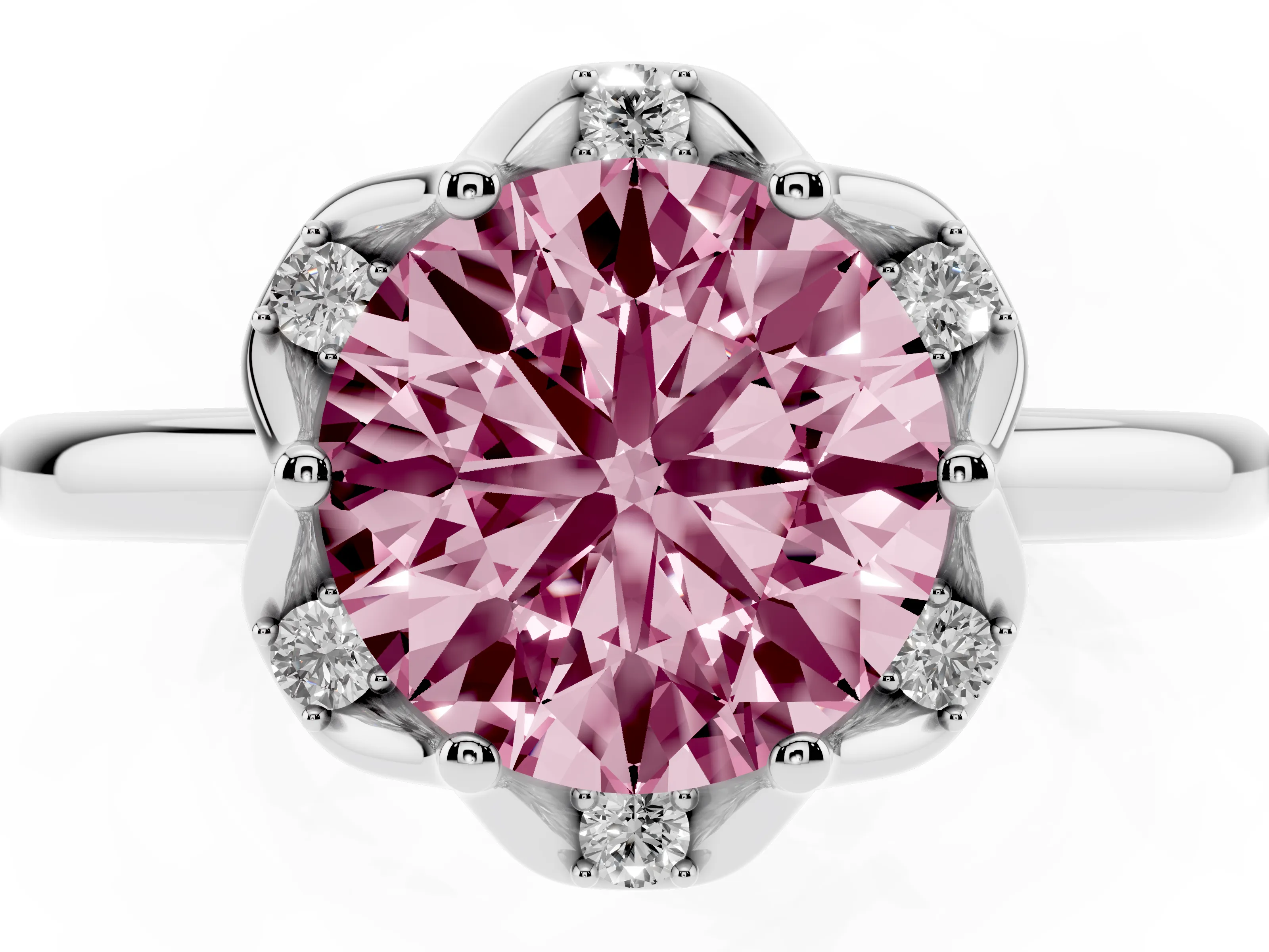 Fancy Pink Round Cut Diamond Round Cluster Halo Ring Set in Platinum with Solitaire Band and Prong Setting