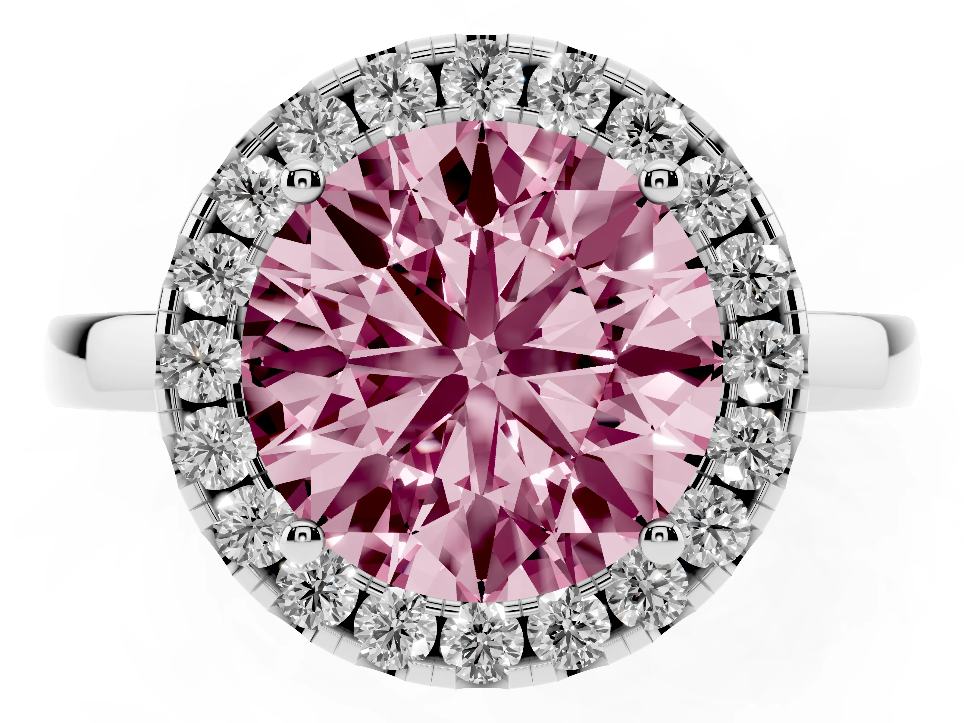 Fancy Pink Round Cut Diamond Halo Solitaire Ring Set in Platinum with Pavé Band and Prong Setting