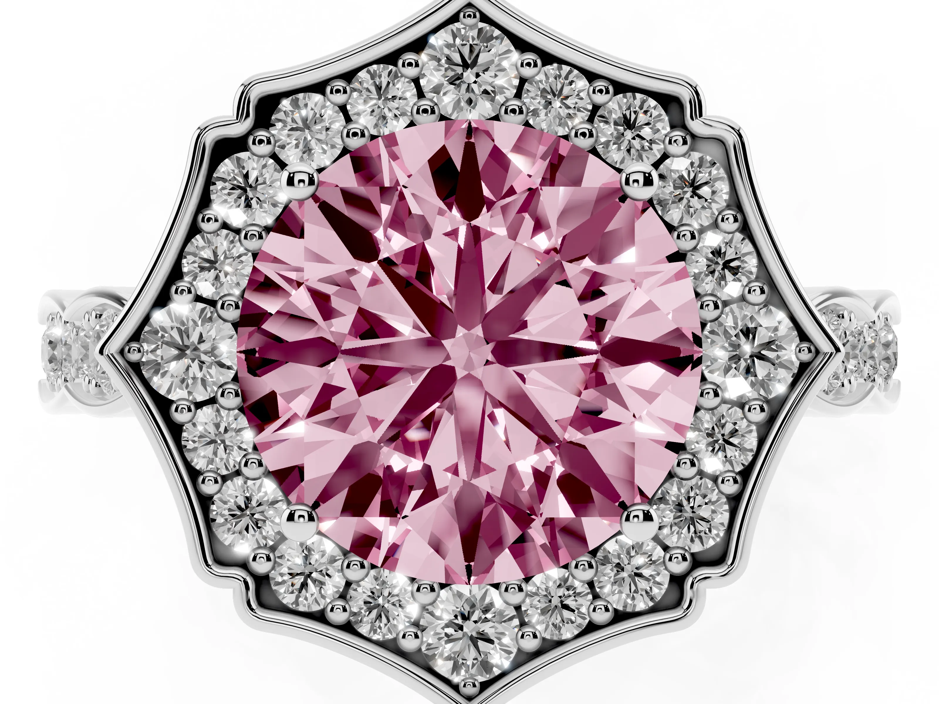 Fancy Pink Round Cut Diamond Halo Engagement Ring Set in Platinum with Milgrain Band and Prong Setting