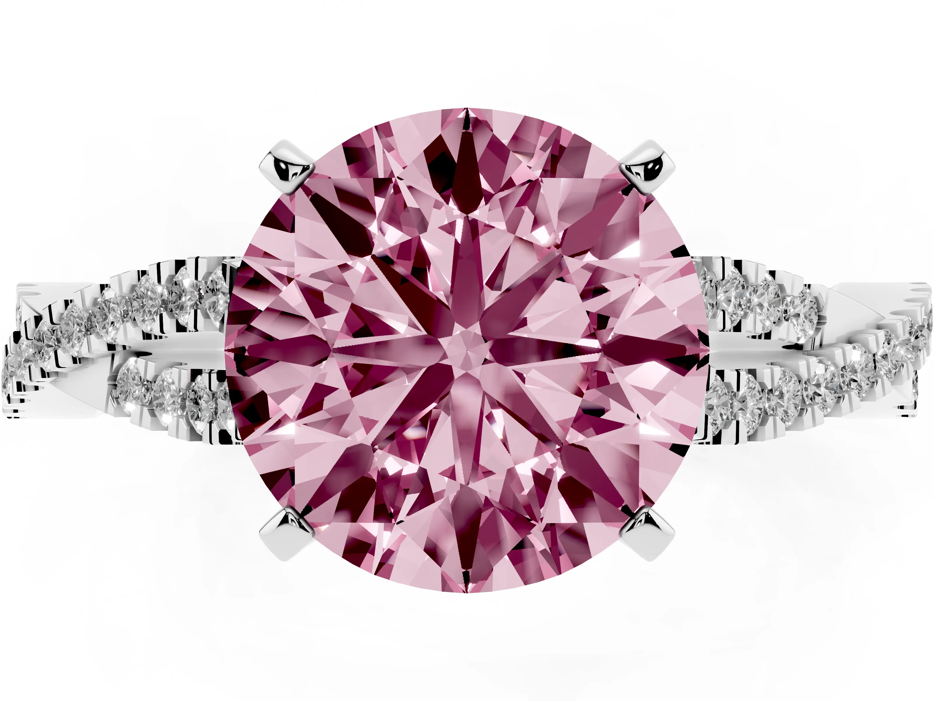 Fancy Pink Round Cut Diamond Solitaire Engagement Ring Set in Platinum with Twisted Pavé Band and Prong Setting