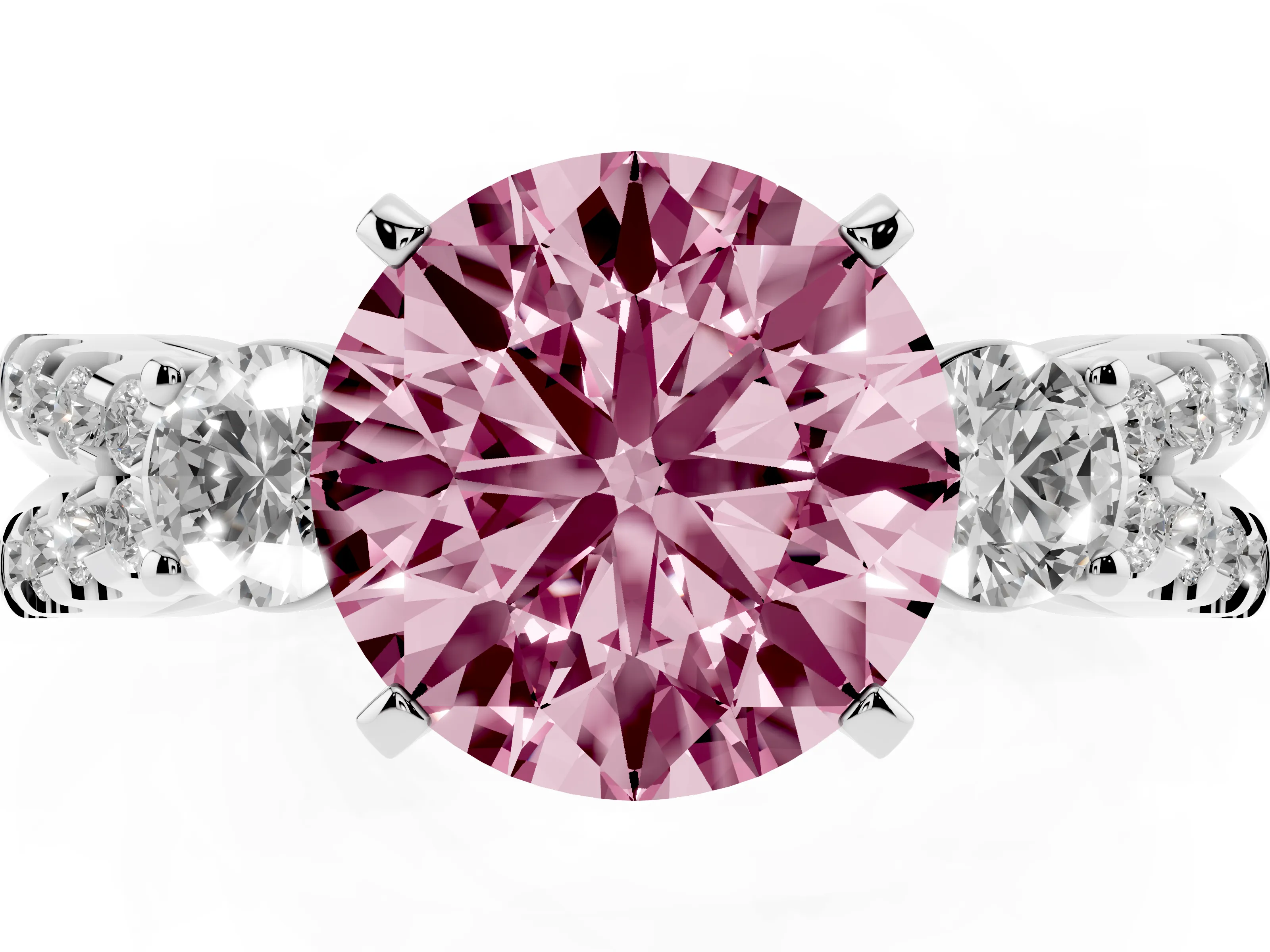 Fancy Pink Round Cut Diamond Three-Stone Ring Set in White gold with Pavé Split Shank and Prong Setting