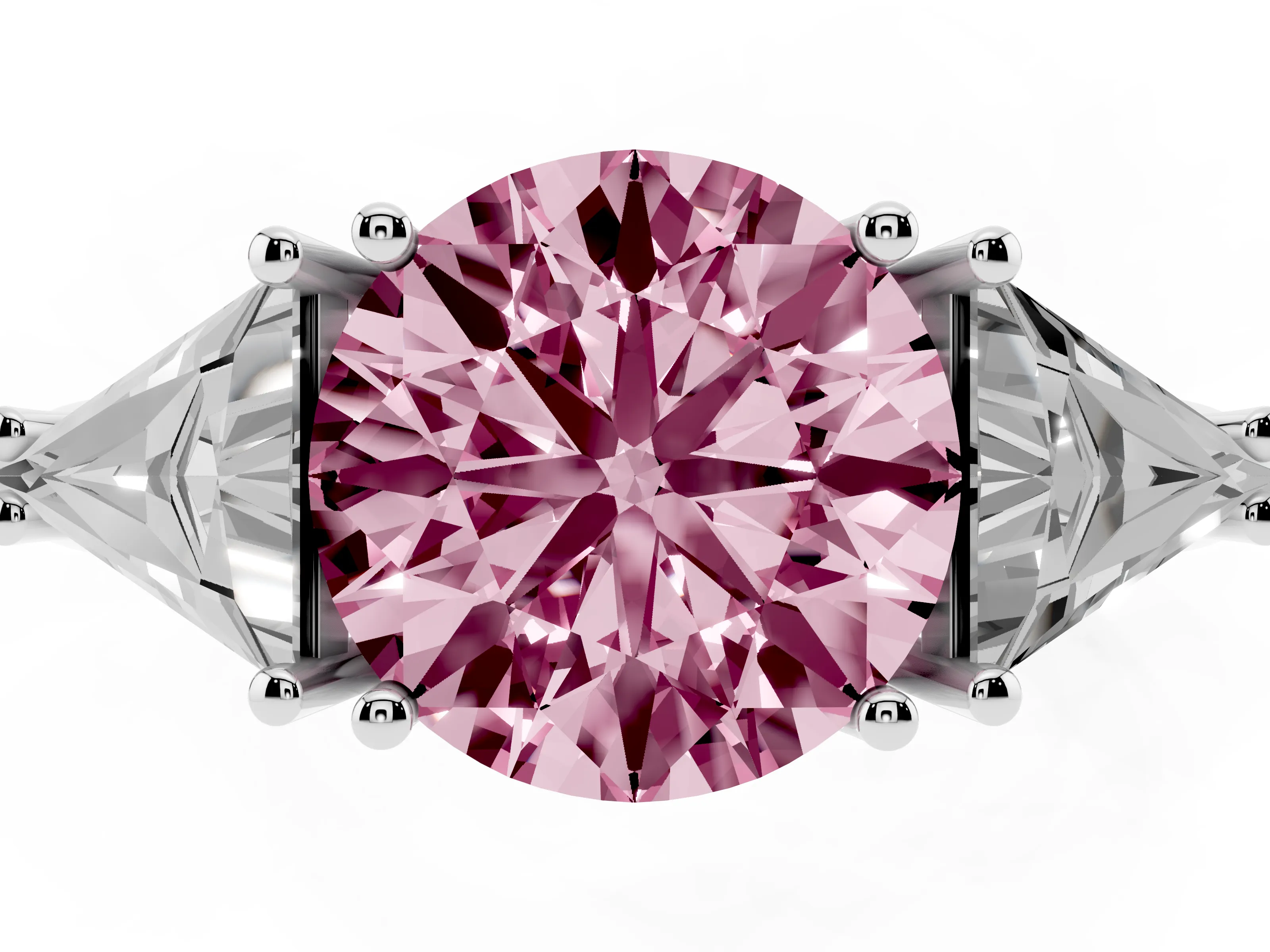 Fancy Pink Round Cut Diamond Three-Stone Engagement Ring Set in White gold with Trillion Side Stones