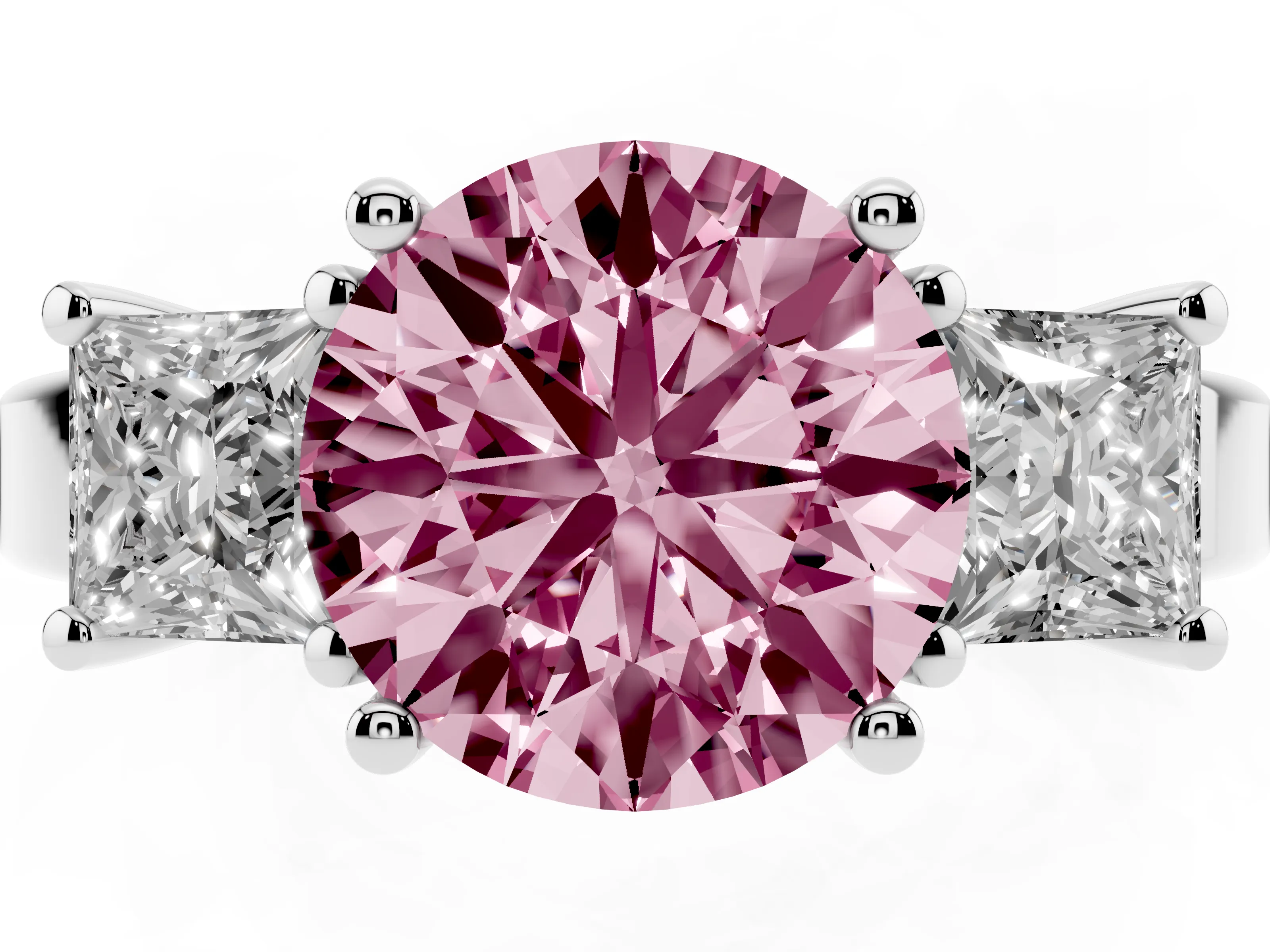Fancy Pink Three-Stone Round Cut Diamond Solitaire Ring Set in White gold with Prong Setting