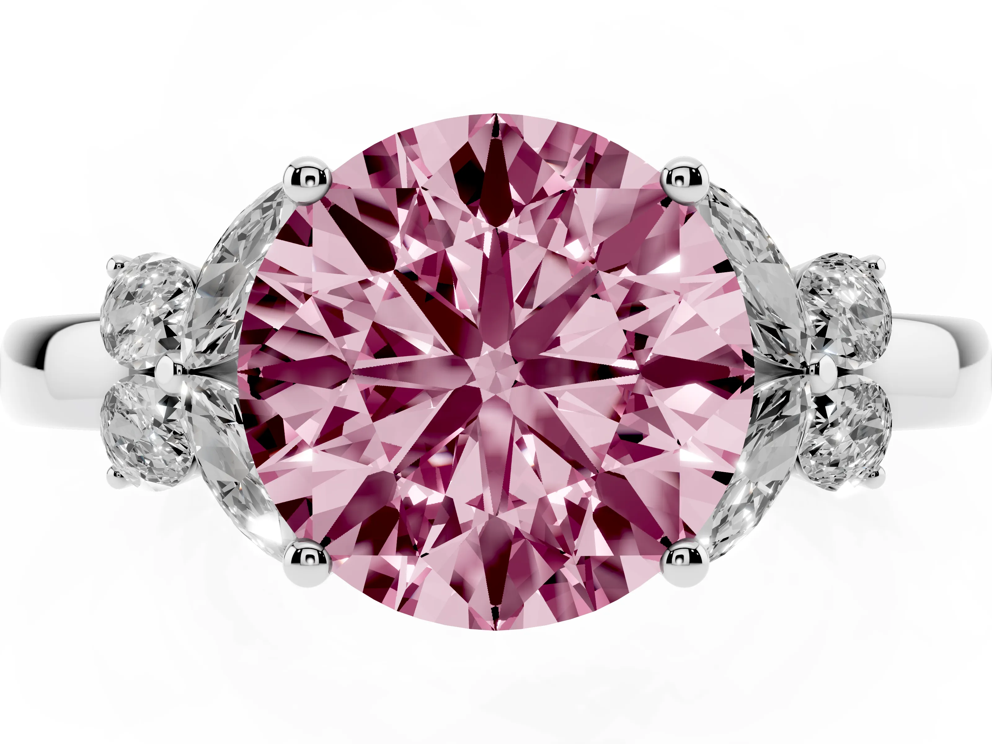 Fancy Pink Round Cut Diamond Solitaire Floral Ring Set in White gold with Marquise Petals and Prong Setting