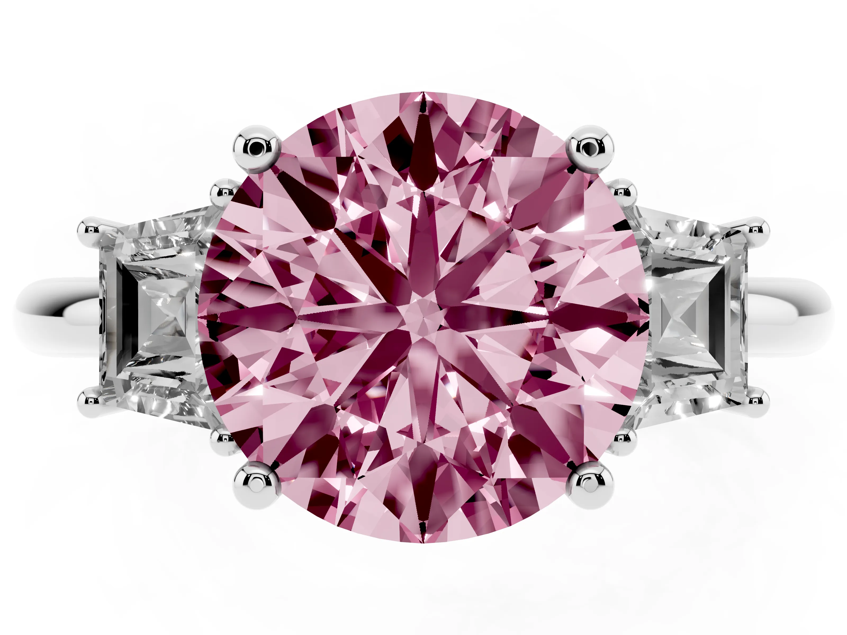 Fancy Pink Round Cut Diamond Three-Stone Ring Set in Platinum with Trapezoid Side Stones and Prong Setting