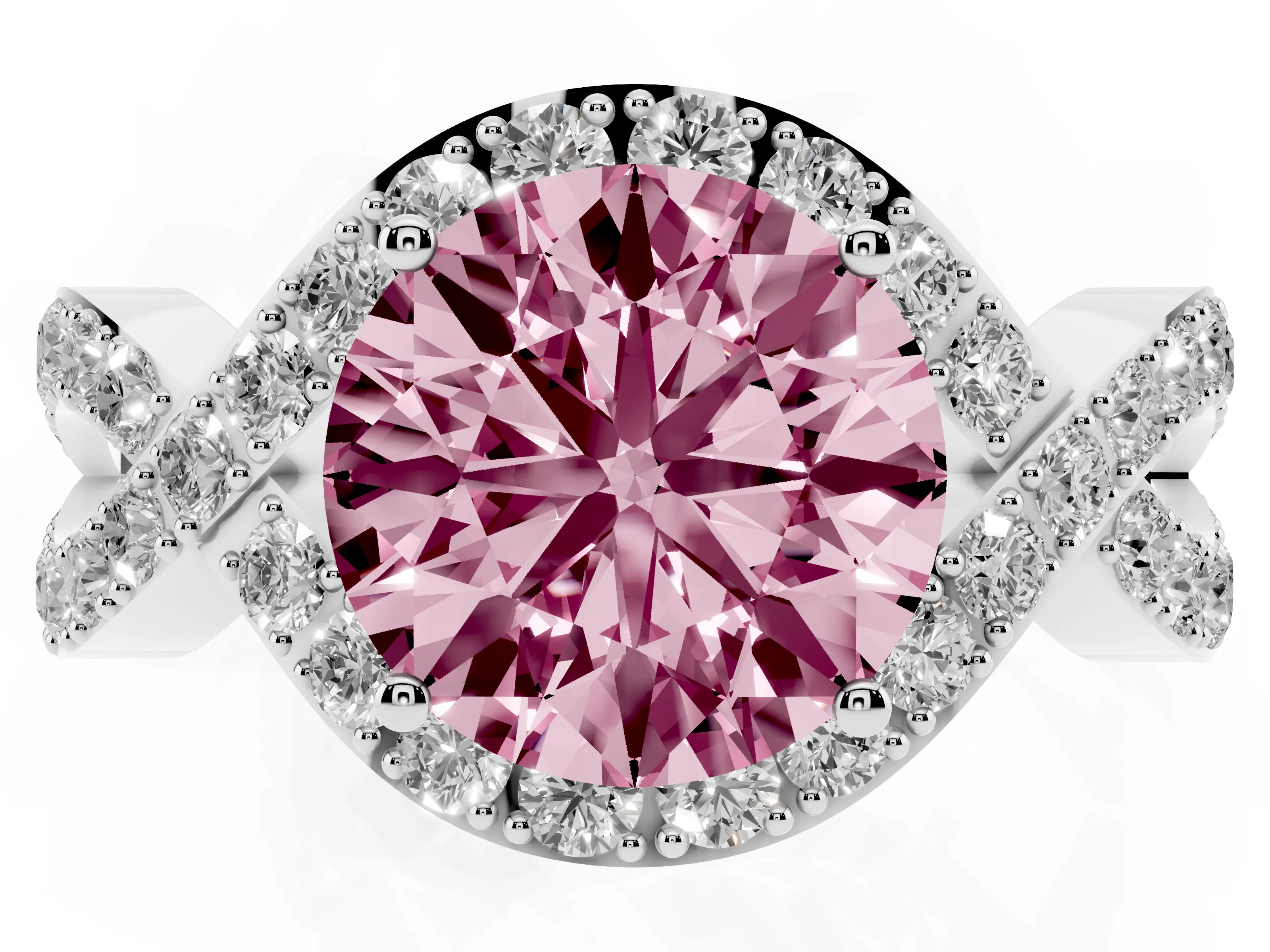 Fancy Pink Round Cut Diamond Solitaire Twist Band Pavé Engagement Ring Set in White gold