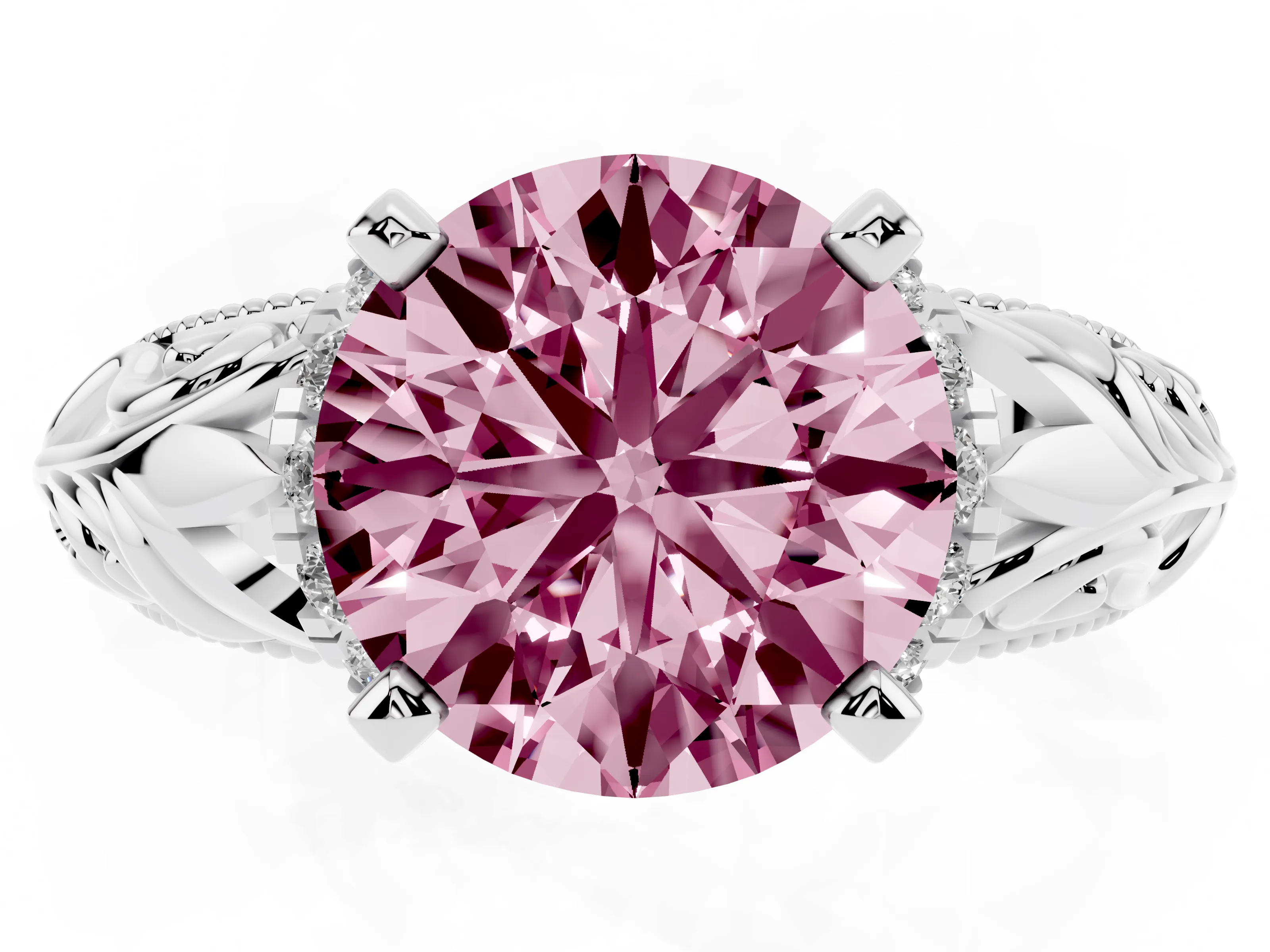 Fancy Pink Round Cut Diamond Filigree Halo Engagement Ring Set in Silver with Prong Setting