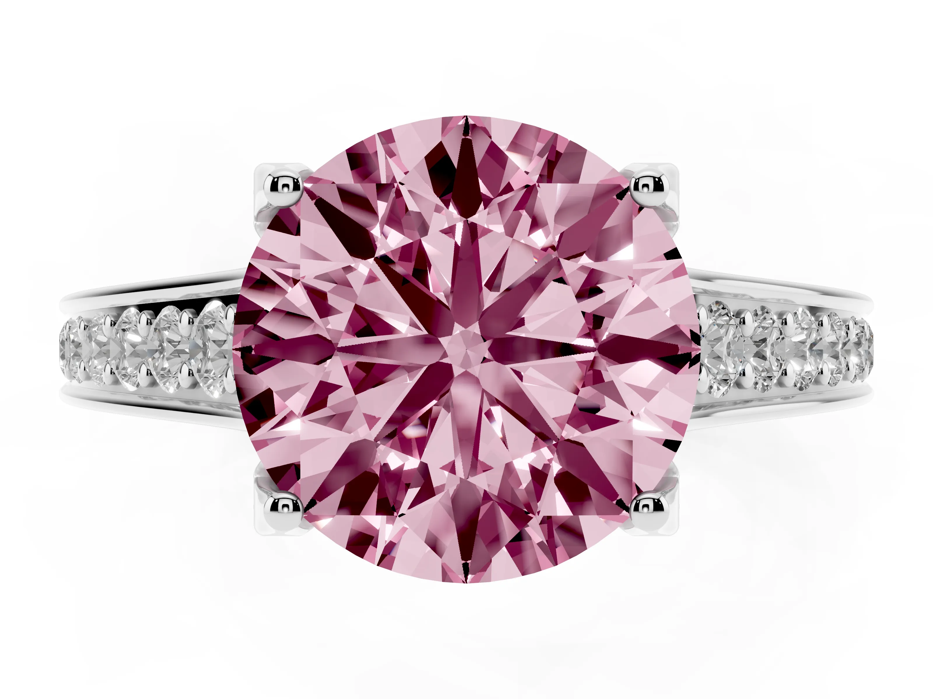 Fancy Pink Round Cut Diamond Solitaire Pavé Engagement Ring Set in White gold with Prong Setting