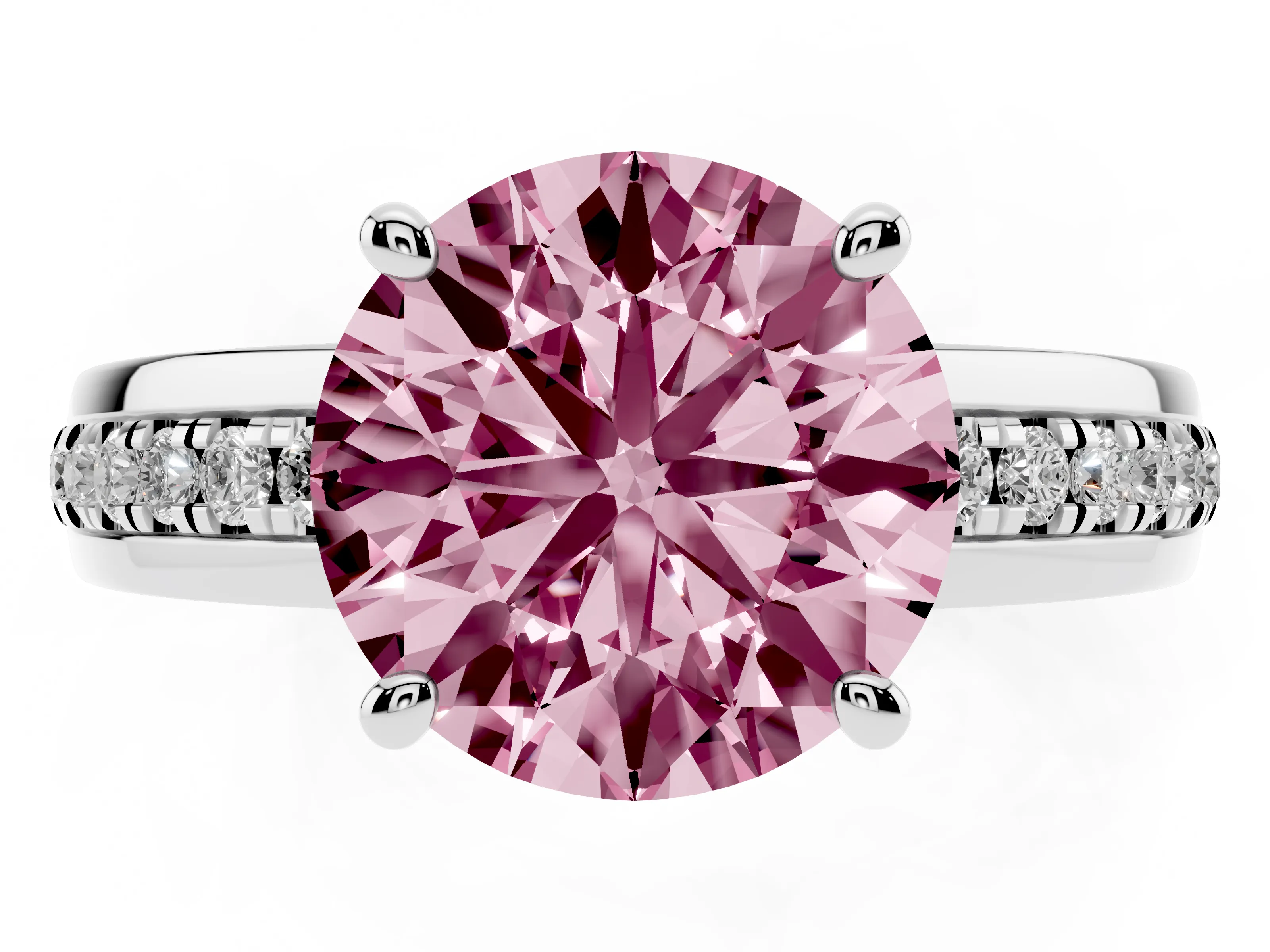 Fancy Pink Round Cut Diamond Solitaire Ring Set in Silver with Channel Set Band and Prong Setting
