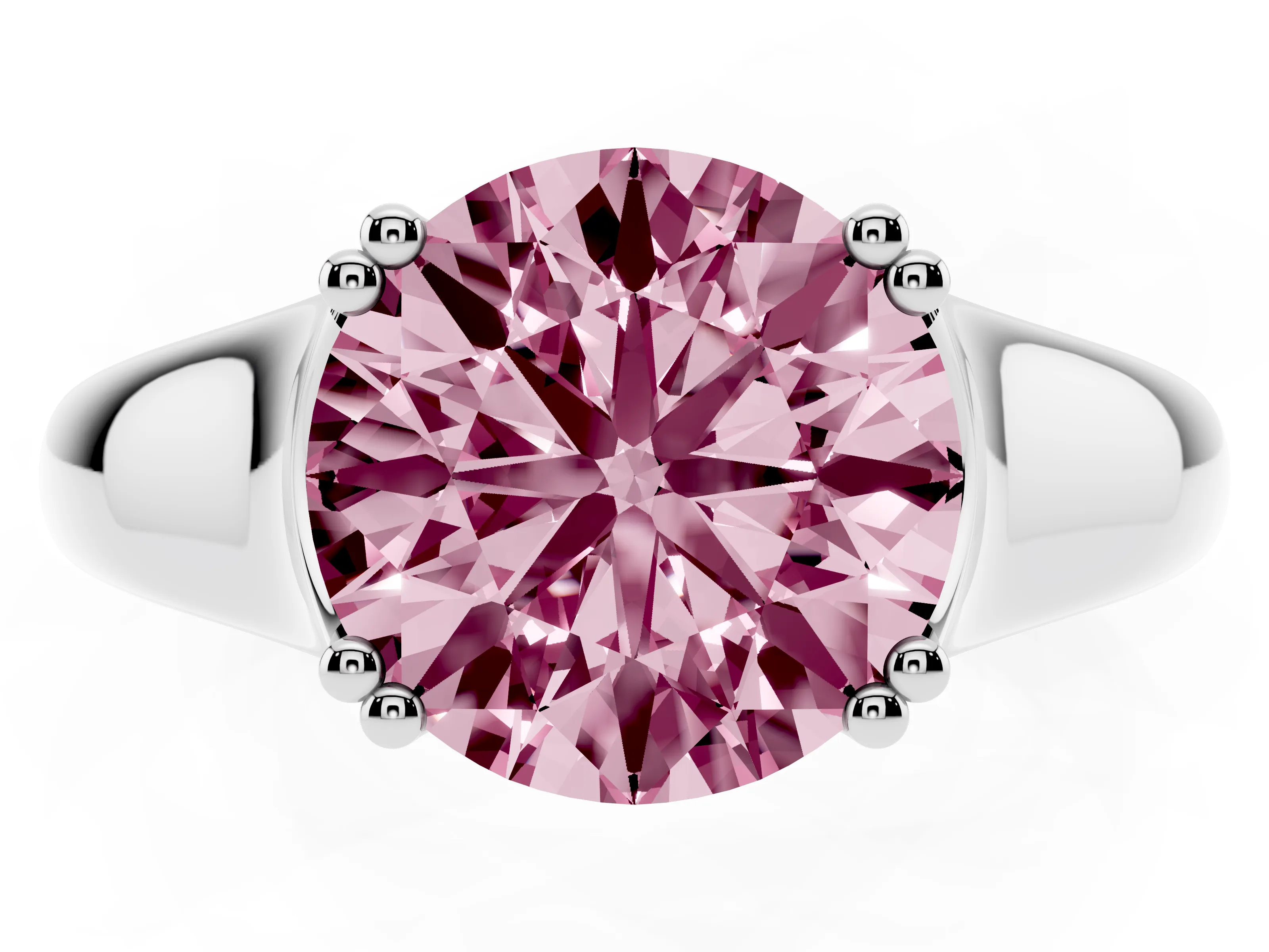 Fancy Pink Round Cut Diamond Solitaire Ring Set in Platinum with Wide Band and Prong Setting