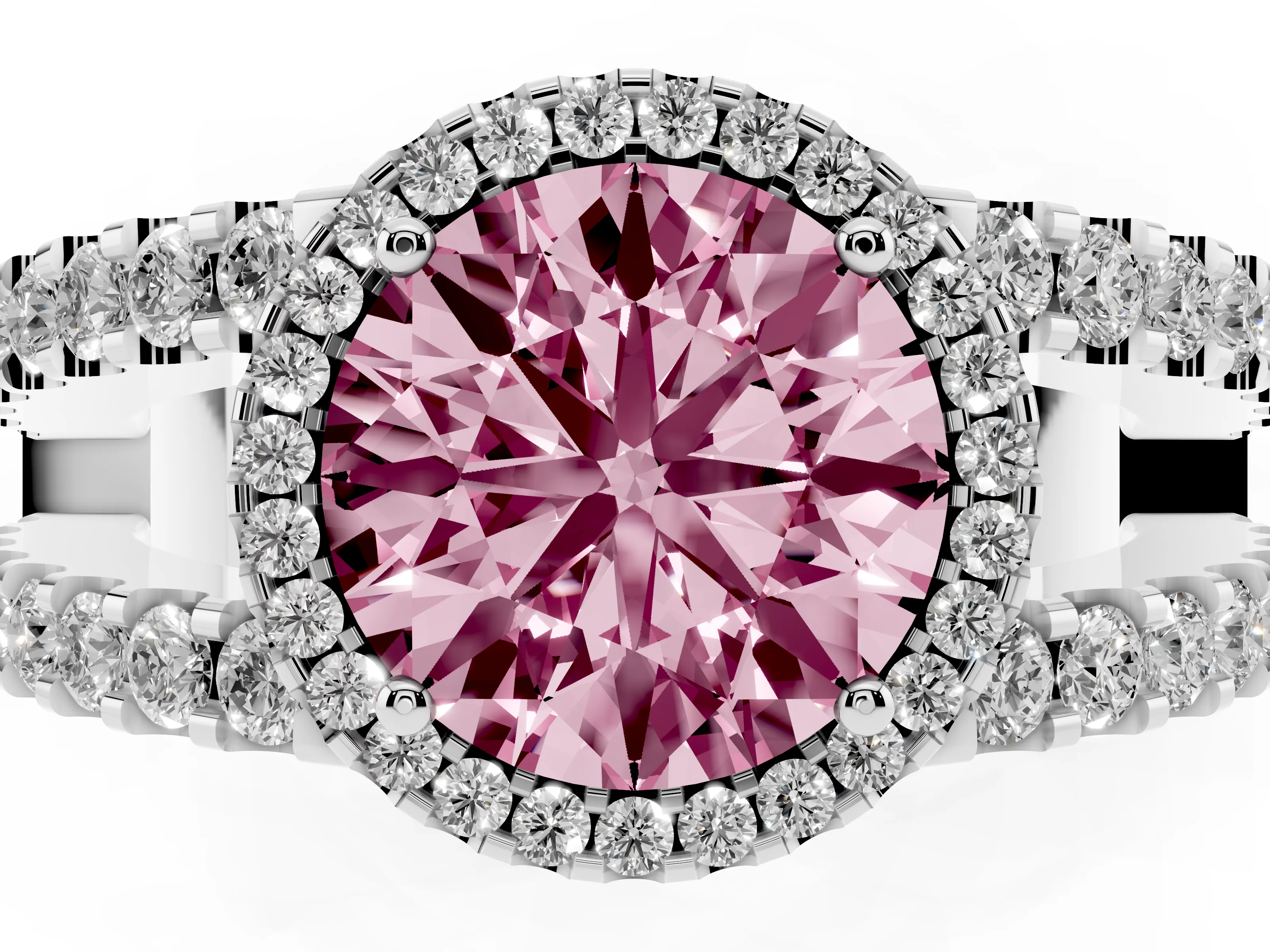 Fancy Pink Round Cut Diamond Halo Ring Set in White gold with Pavé Split Shank and Prong Setting