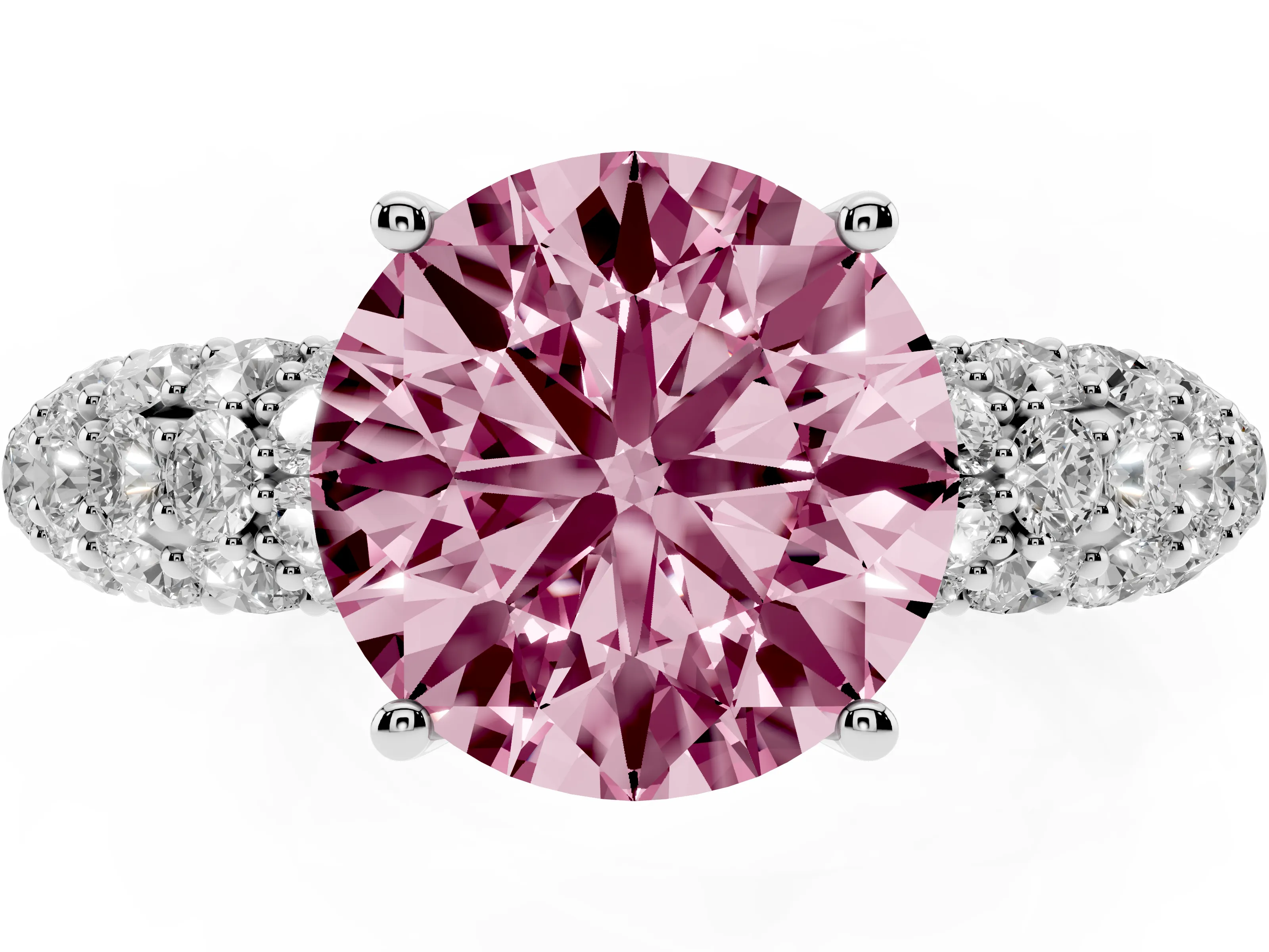Fancy Pink Round Cut Diamond Pavé Band Solitaire Ring Set in Platinum with Close-Set Accent Stones and Prong Setting