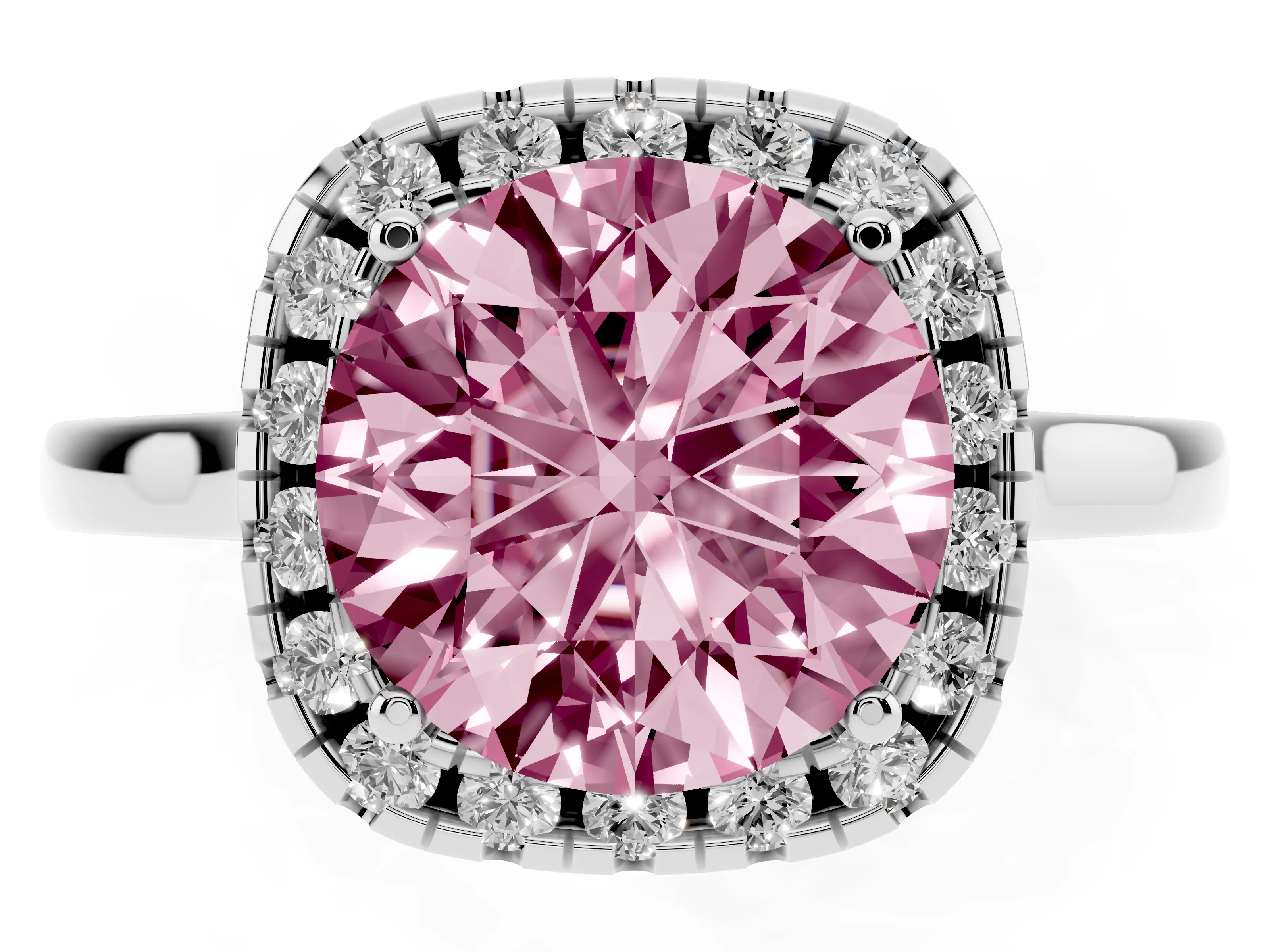 Fancy Pink Round Cut Halo Round Diamond Solitaire Ring Set in Silver with Pavé Band and Prong Setting