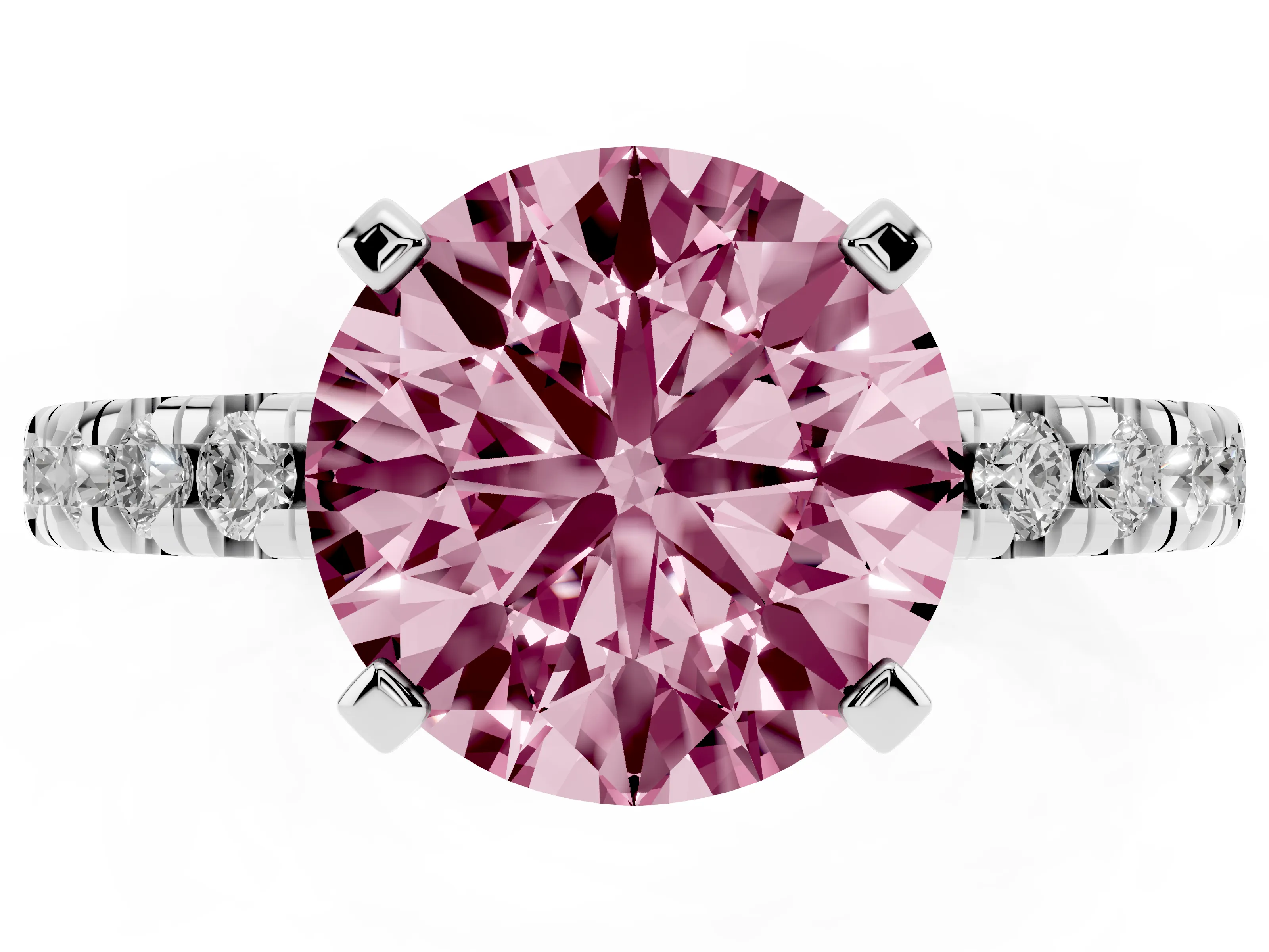 Fancy Pink Round Cut Diamond Solitaire Pavé Engagement Ring Set in White gold with Round Band and Prong Setting