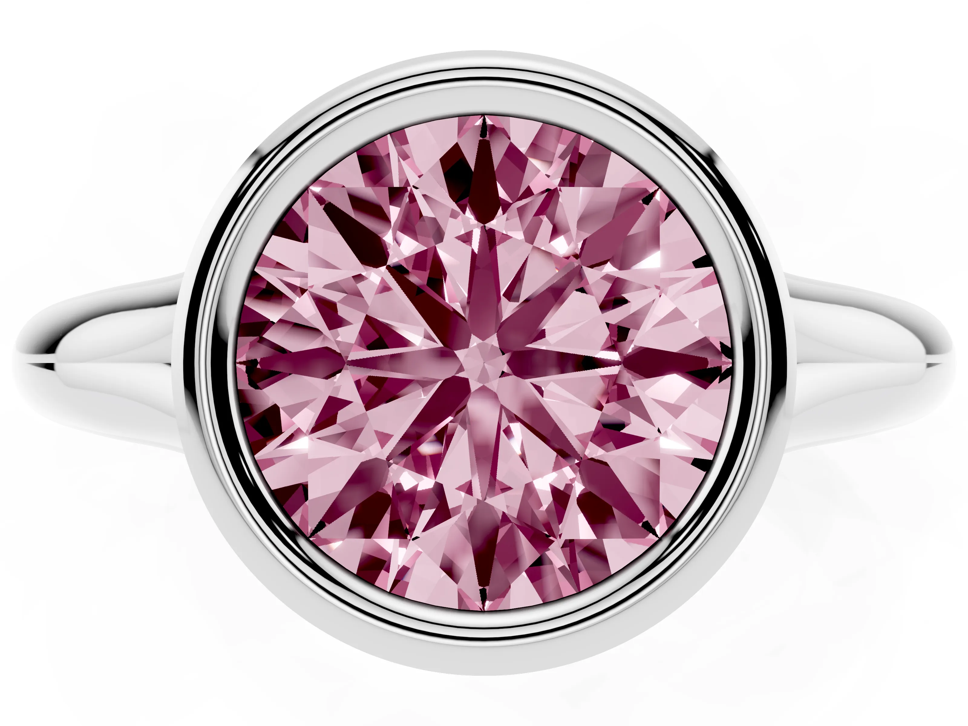 Fancy Pink Bezel Set Round Cut Diamond Solitaire Ring Set in Platinum with Smooth Band