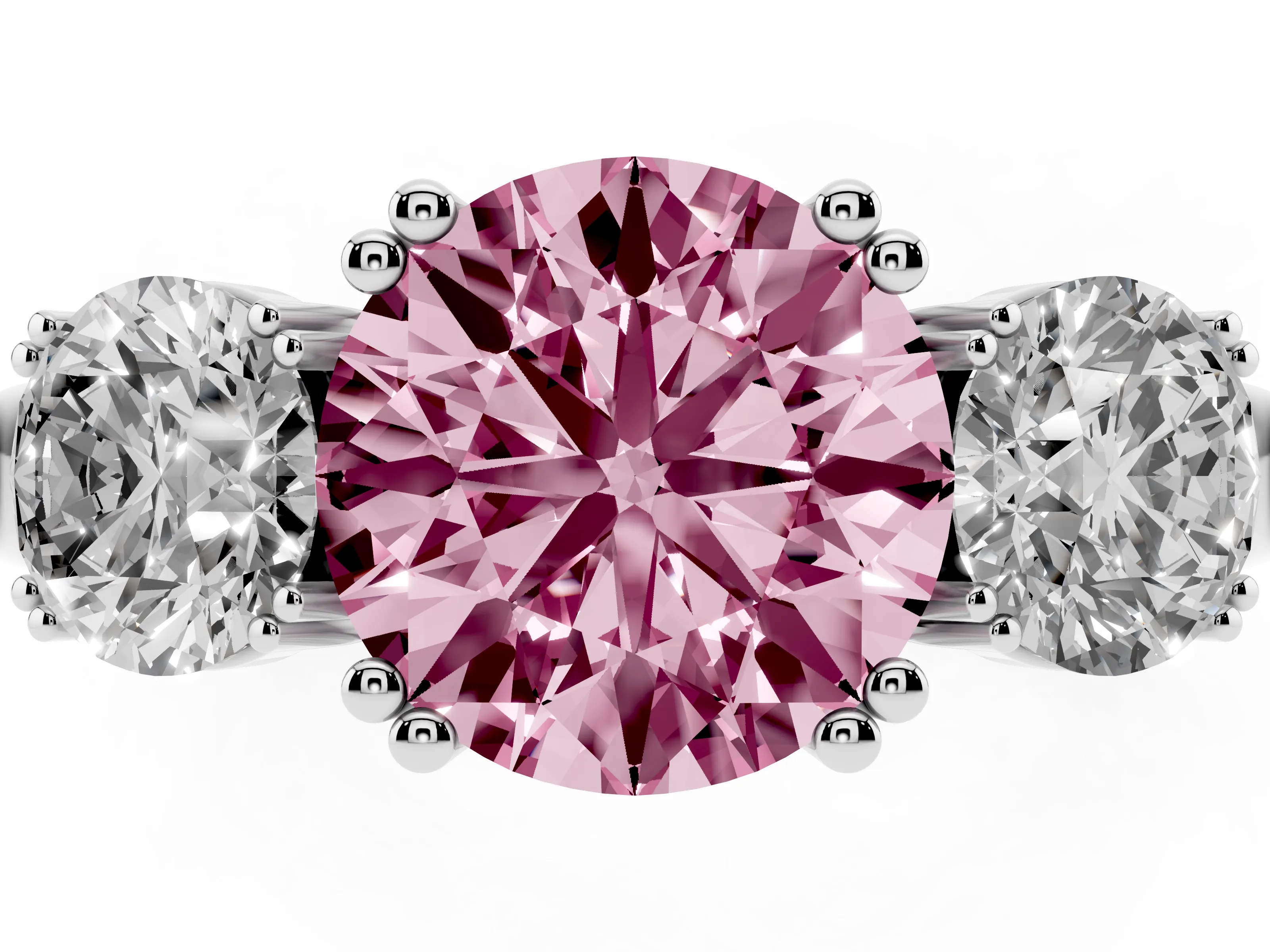 Fancy Pink Round Cut Diamond Three-Stone Ring Set in White gold with Polished Channel-Set Band