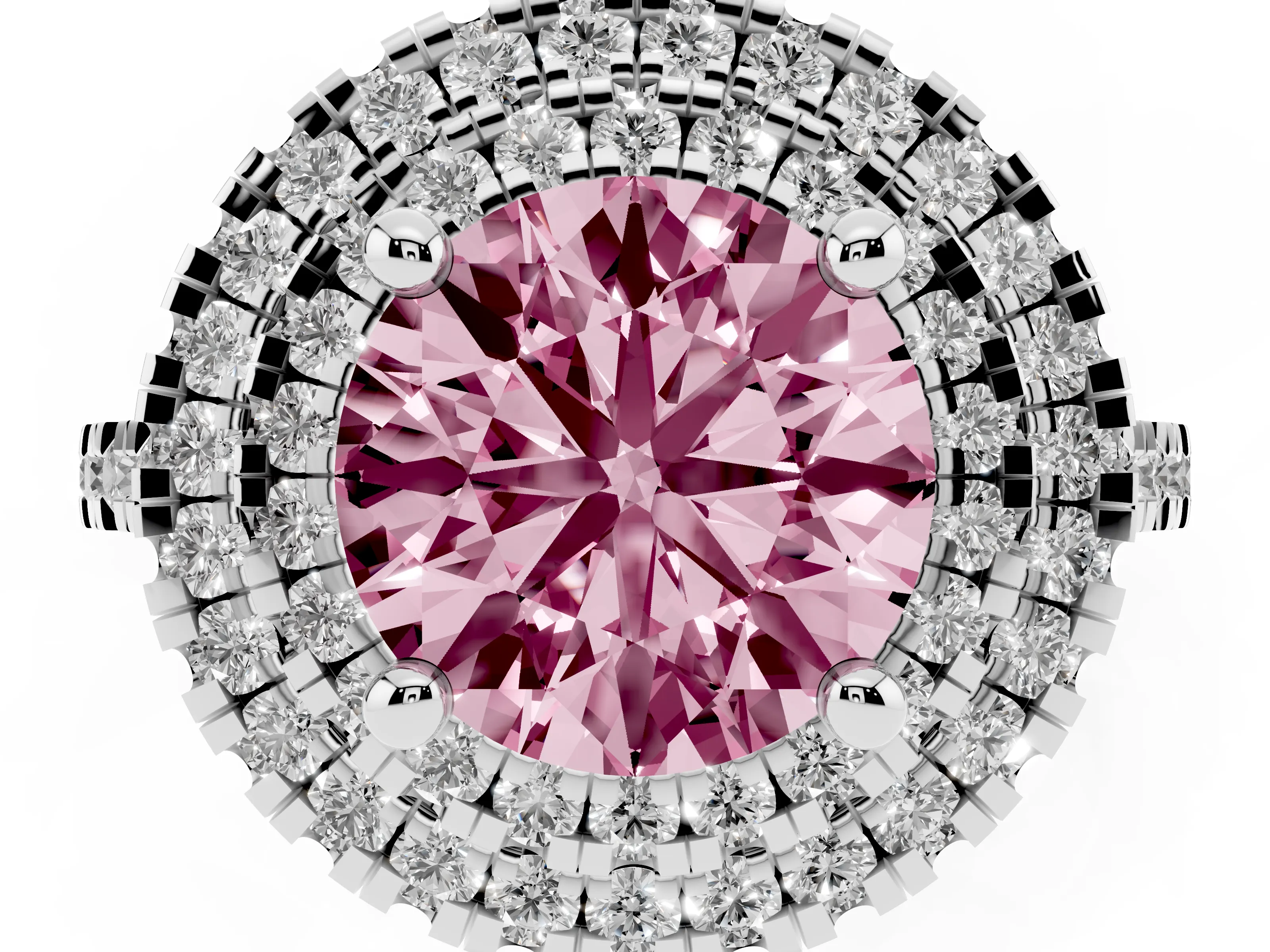 Fancy Pink Round Cut Diamond Double Halo Statement Ring Set in Silver with Pavé Band
