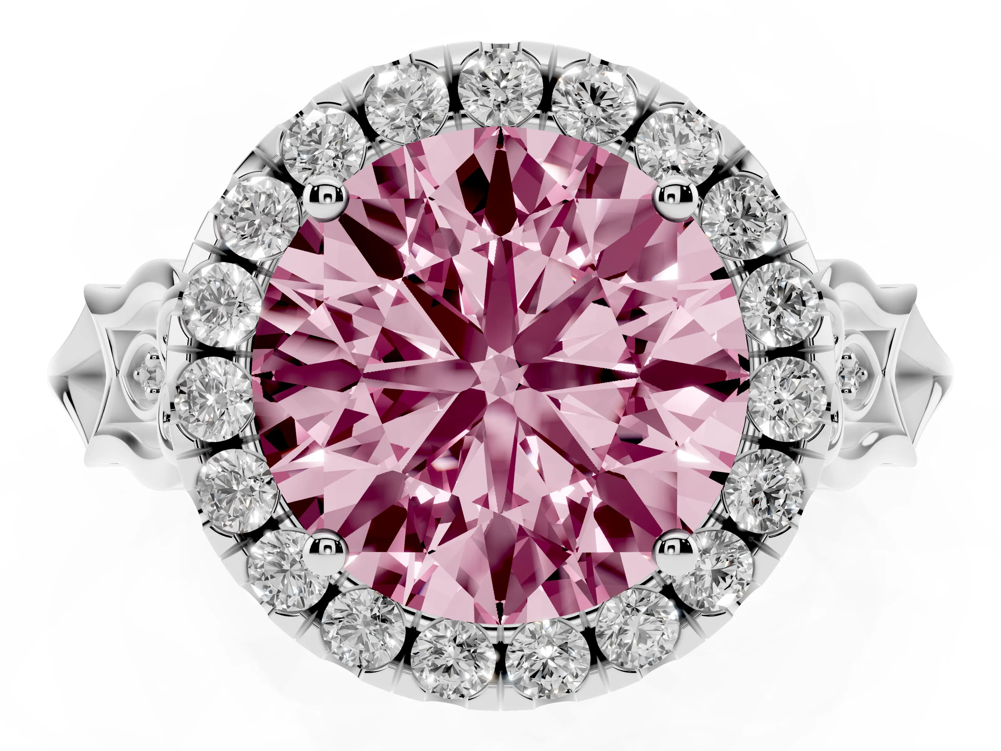 Fancy Pink Round Cut Diamond Halo Engagement Ring Set in White gold with Filigree Band and Prong-Set Center