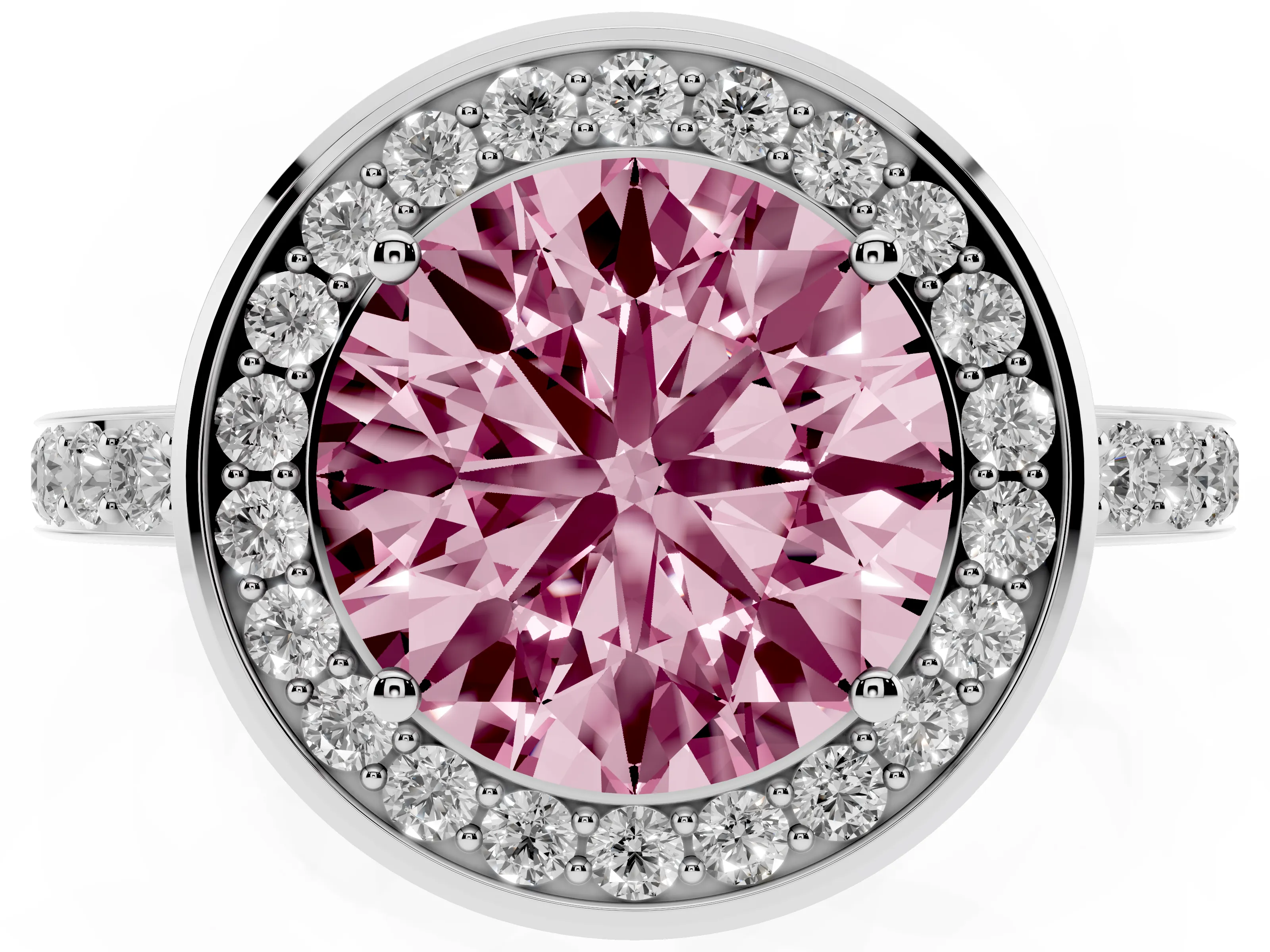 Fancy Pink Round Cut Diamond Halo Ring Set in Silver with Bezel Frame and Pavé Band