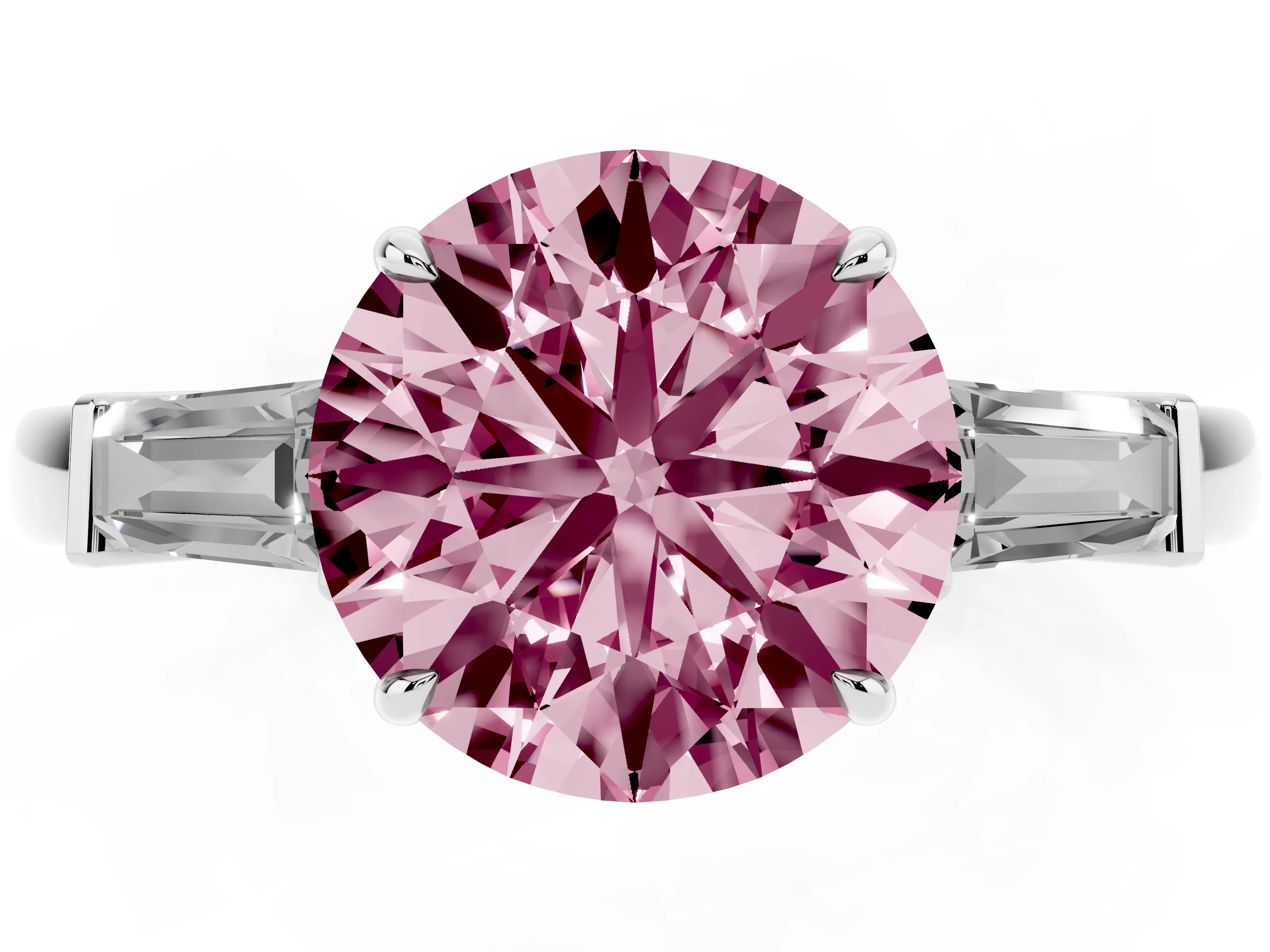 Fancy Pink Round Cut Diamond Three-Stone Ring Set in White gold with Tapered Baguette Side Stones and Prong Setting