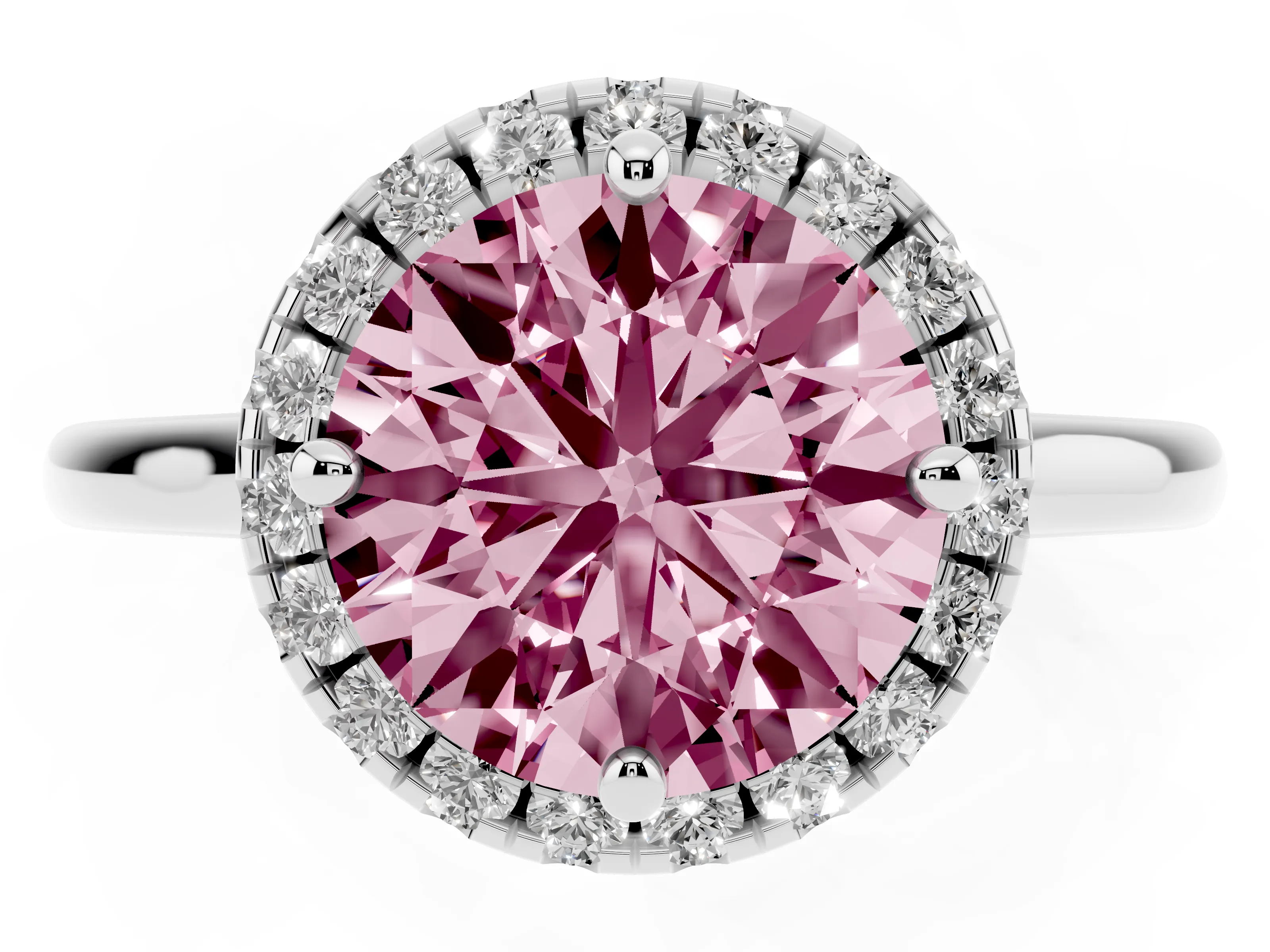 Fancy Pink Round Cut Diamond Halo Engagement Ring Set in Platinum with Pavé Band and Rising Shoulders