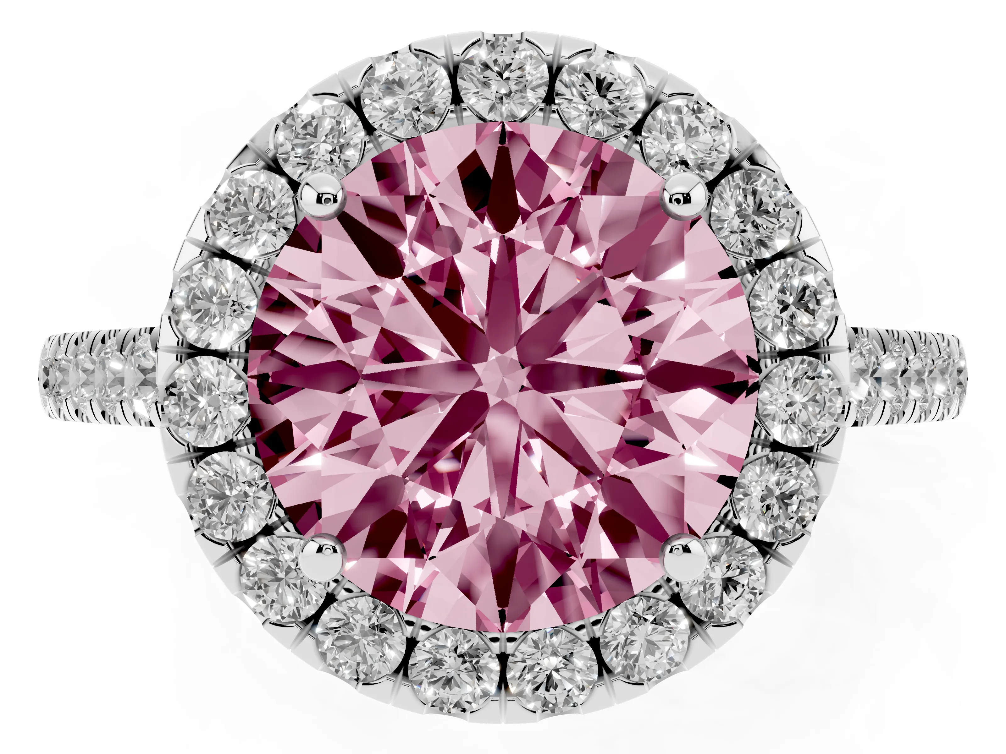 Fancy Pink Round Cut Diamond Halo Pavé Engagement Ring Set in White gold with Prong Setting