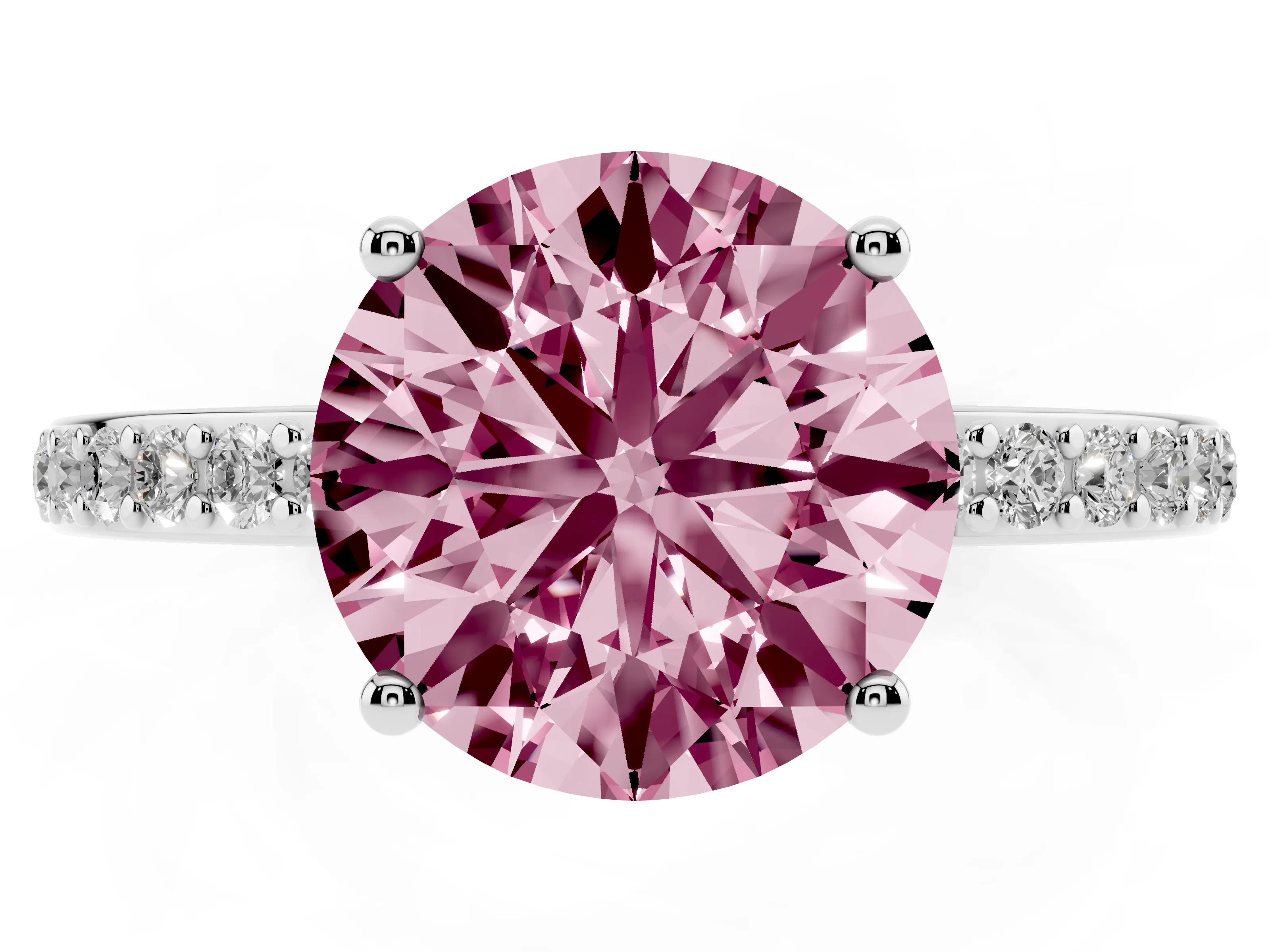 Fancy Pink Round Cut Diamond Pavé Band Ring Set in White gold with Prong-Set Center Stone