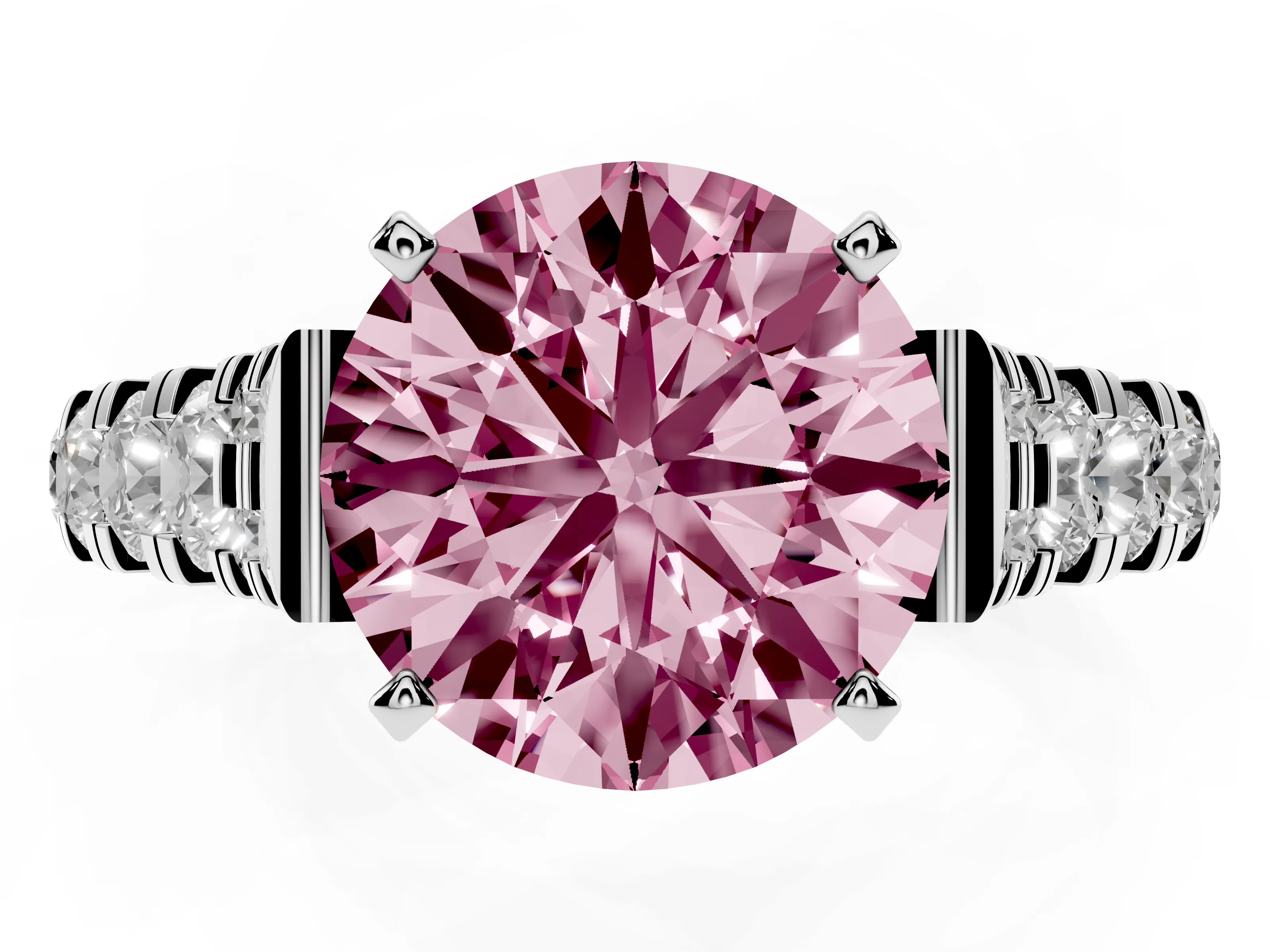 Fancy Pink Round Cut Diamond Classic Solitaire Ring Set in Platinum with Pavé Band and Prong Setting