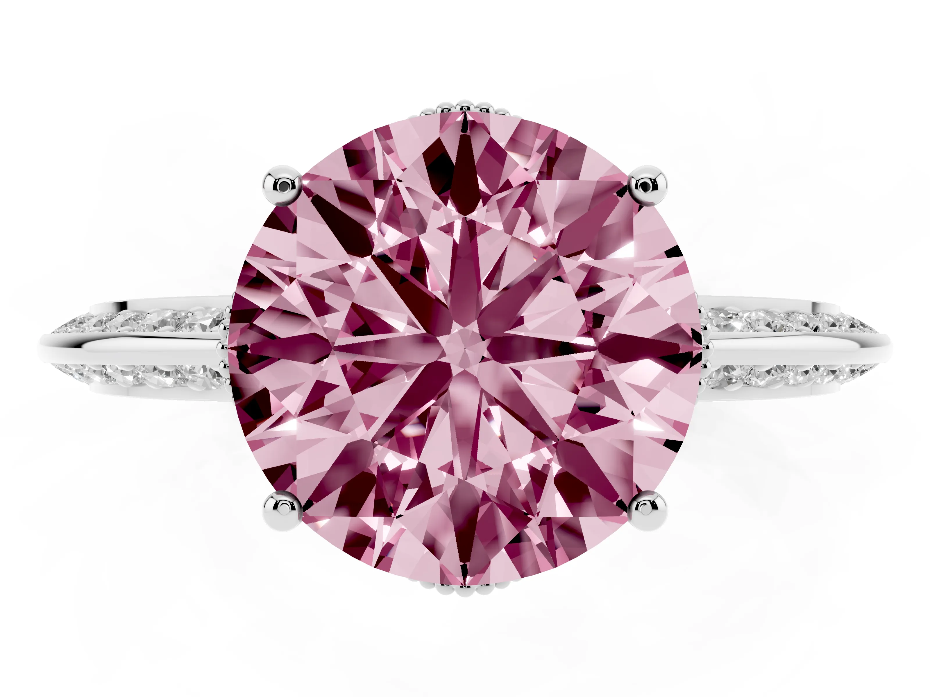 Fancy Pink Round Cut Diamond Solitaire Engagement Ring Set in Silver with Pavé Split Shank and Prong Setting