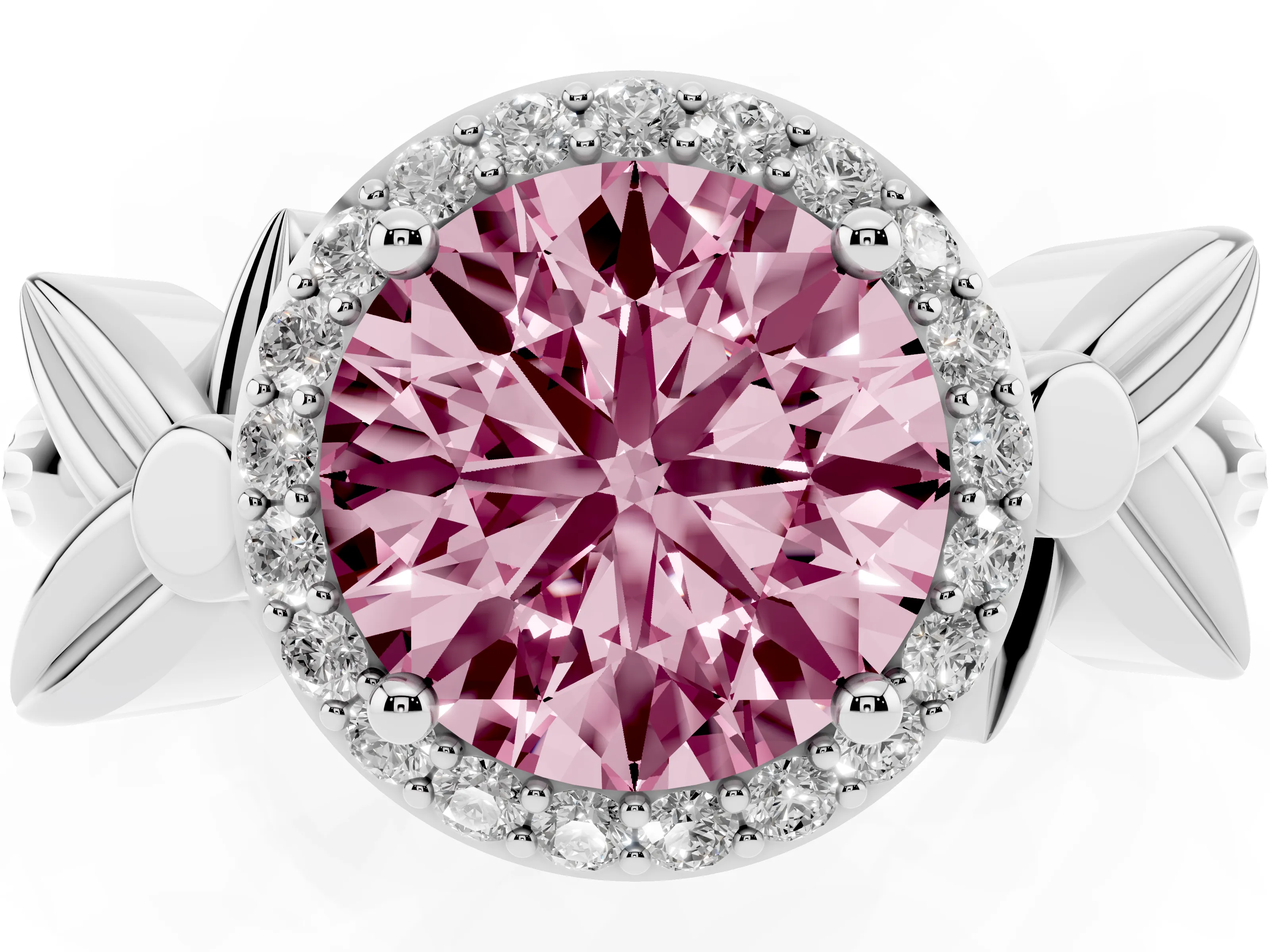 Fancy Pink Round Cut Diamond Halo Floral Band Ring Set in Silver with Prong Setting