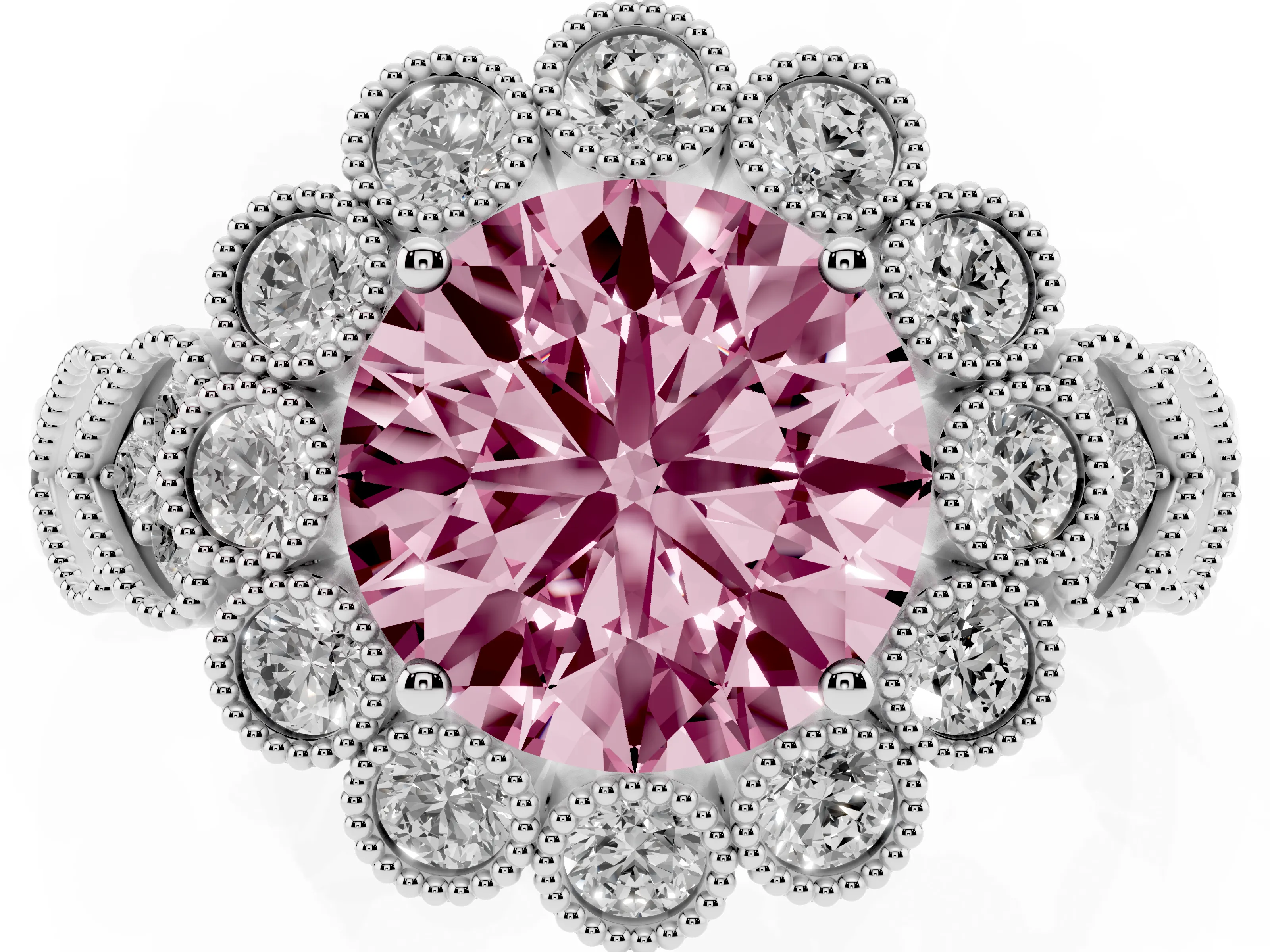 Fancy Pink Round Cut Diamond Solitaire Ring Set in White gold with Milgrain Pavé Heart Band