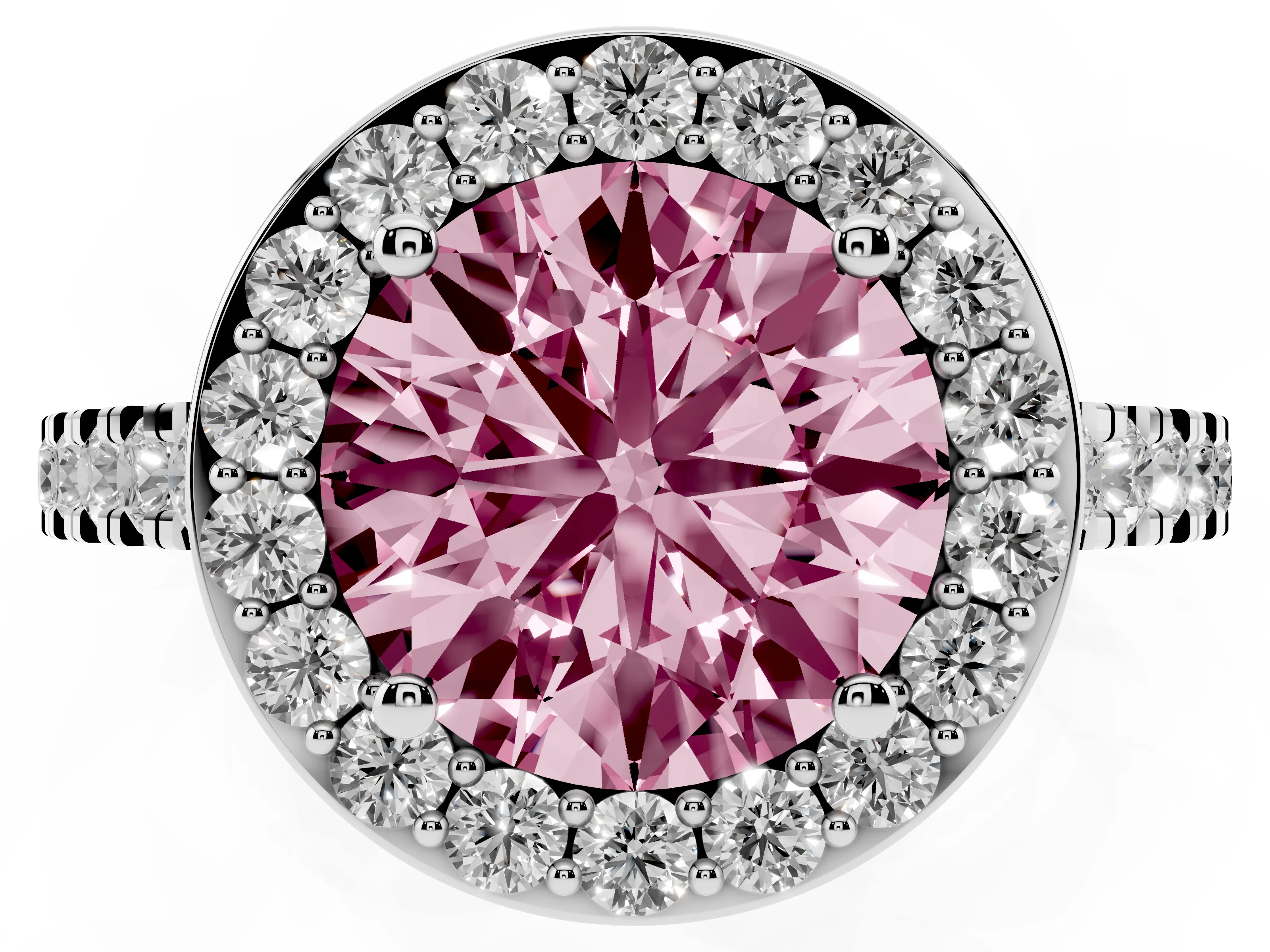 Fancy Pink Round Cut Diamond Halo Ring Set in Silver with Round Pavé Split Shank and Prong Setting
