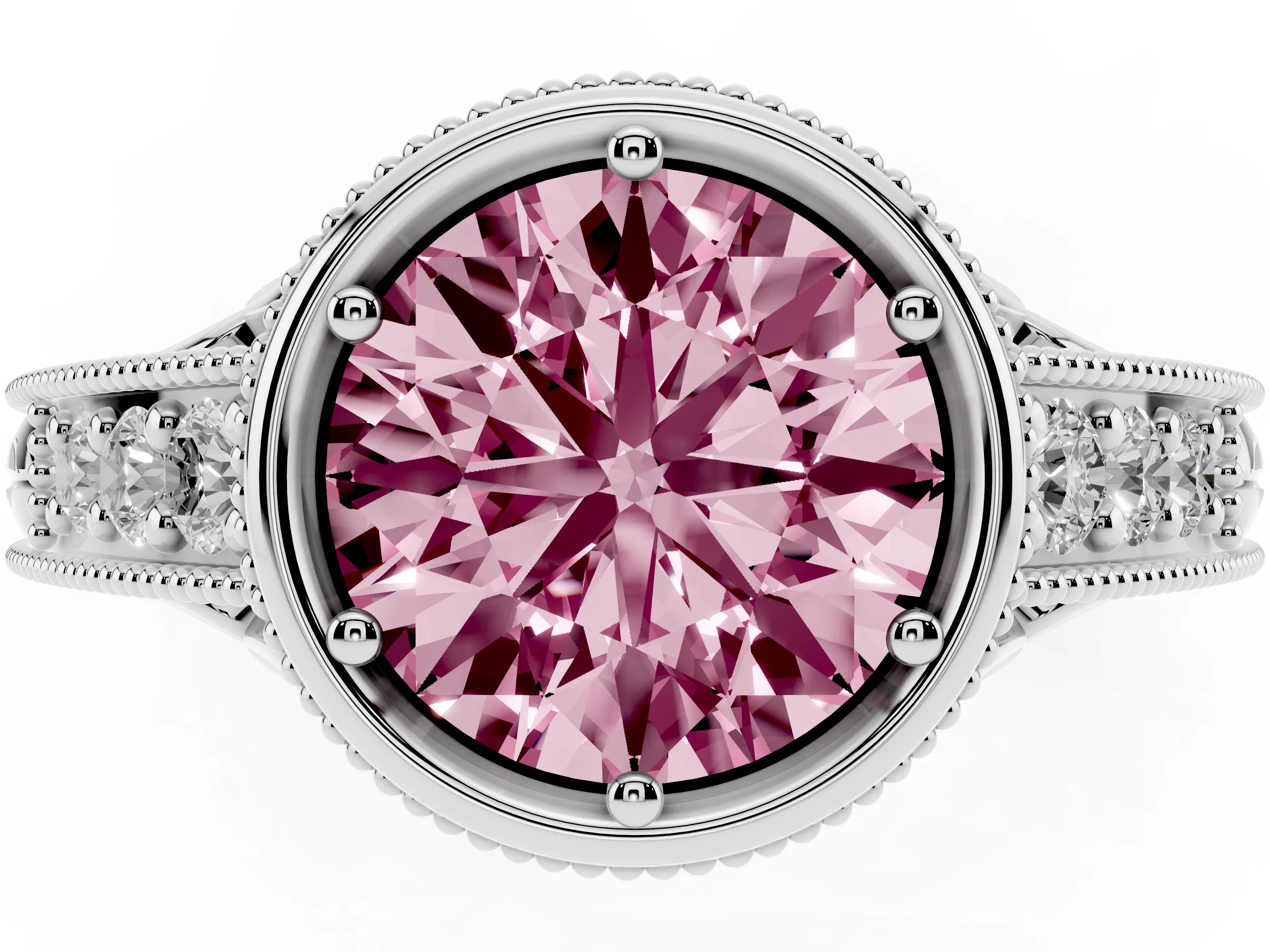 Fancy Pink Bezel Set Round Cut Diamond Milgrain Pavé Engagement Ring Set in White gold