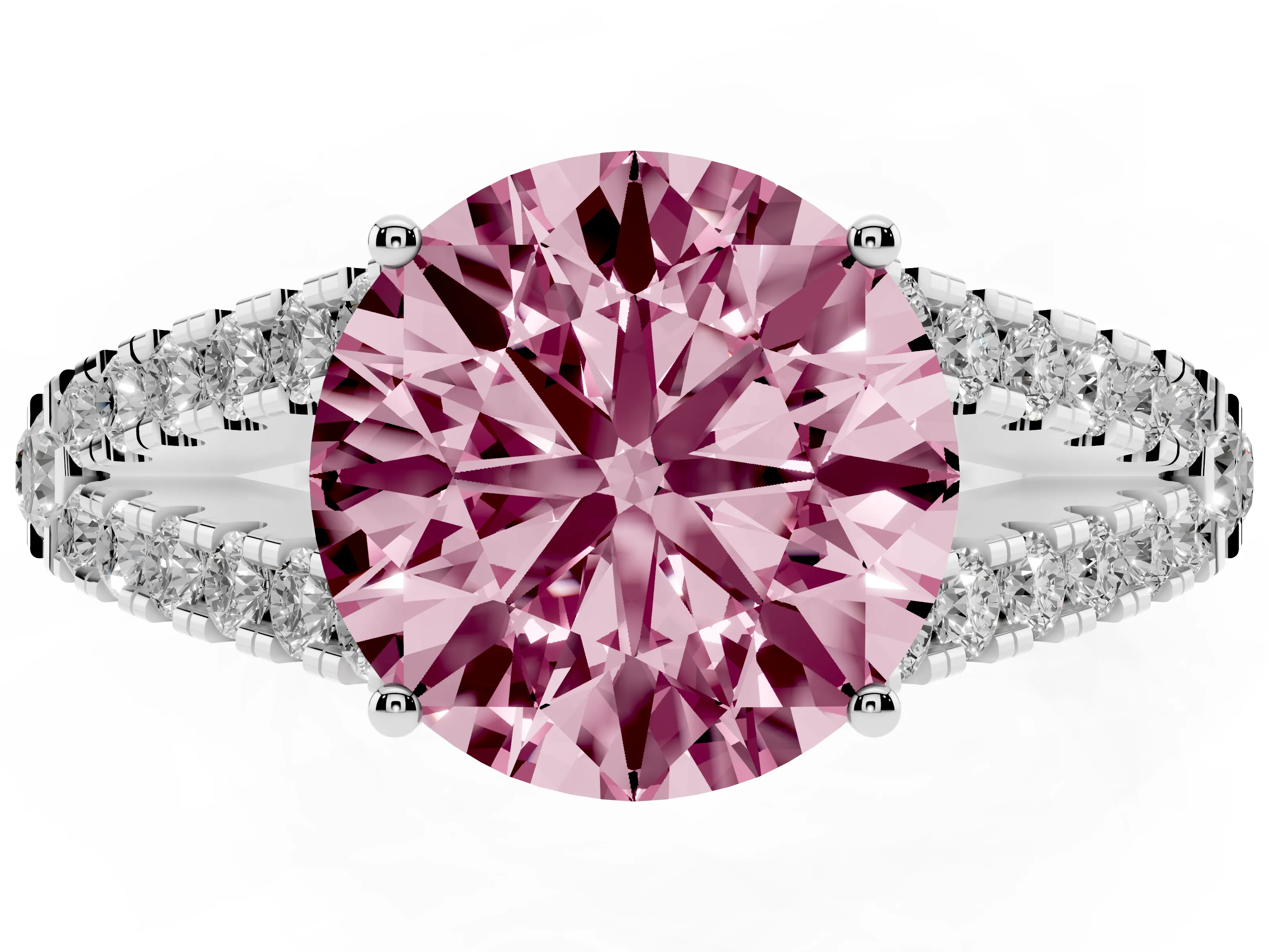 Fancy Pink Round Cut Diamond Split Shank Pavé Engagement Ring Set in Platinum with Prong-Held Center Stone