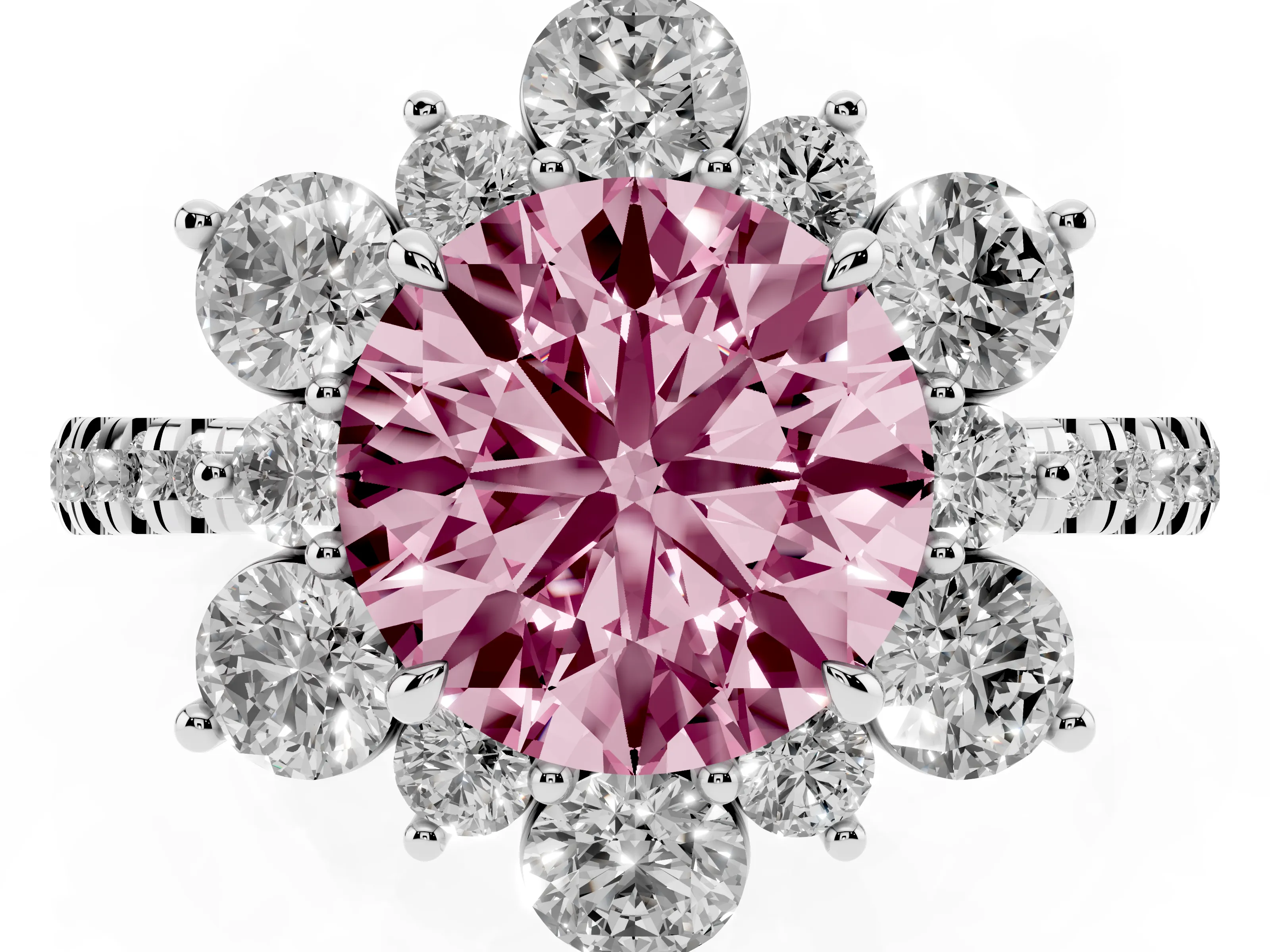 Fancy Pink Round Cut Diamond Floral Halo Ring Set in Platinum with Round Pavé Band and Prong Setting