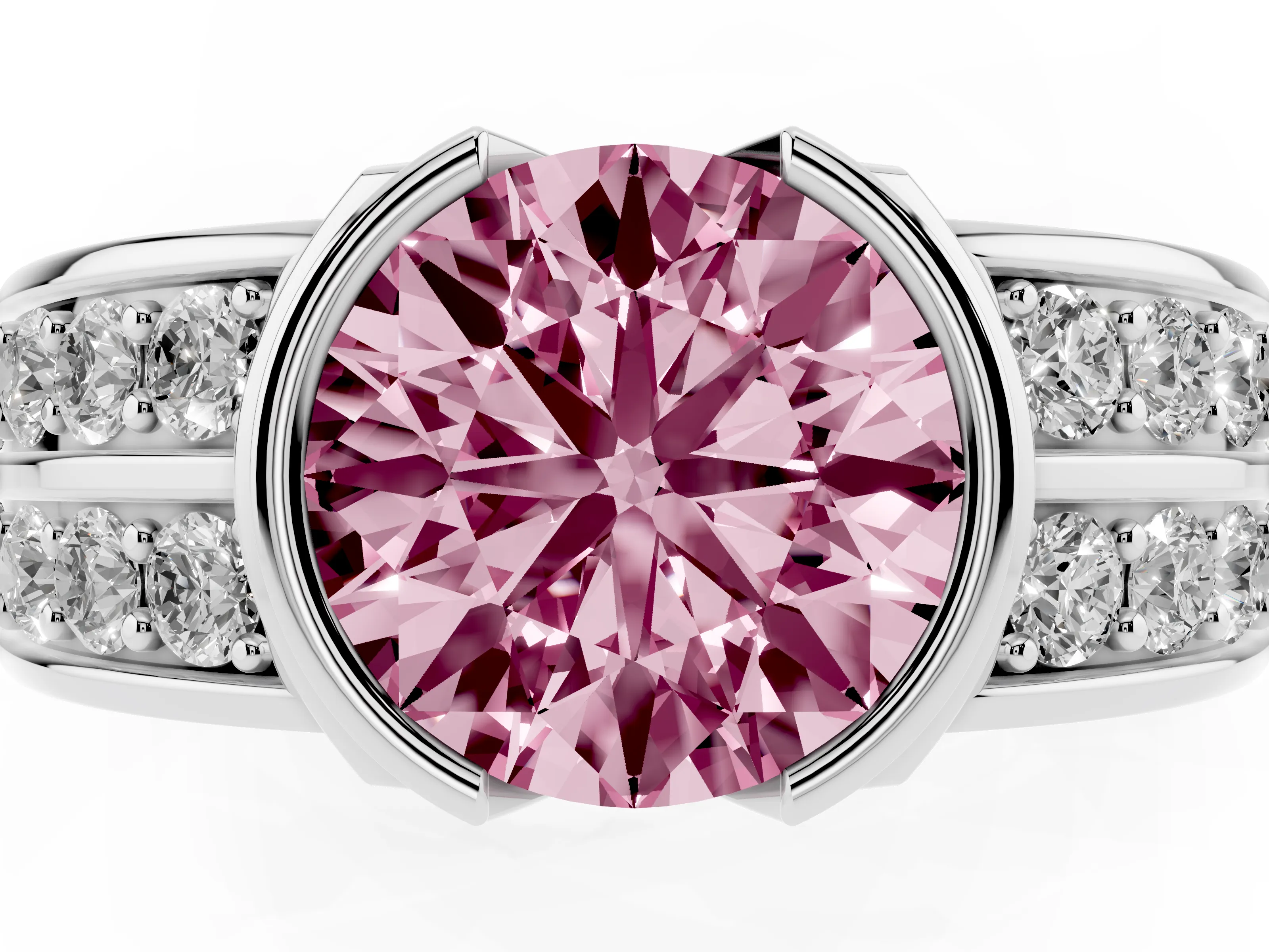 Fancy Pink Round Cut Diamond Wide Channel Set Band Ring Set in Silver with Bezel Setting