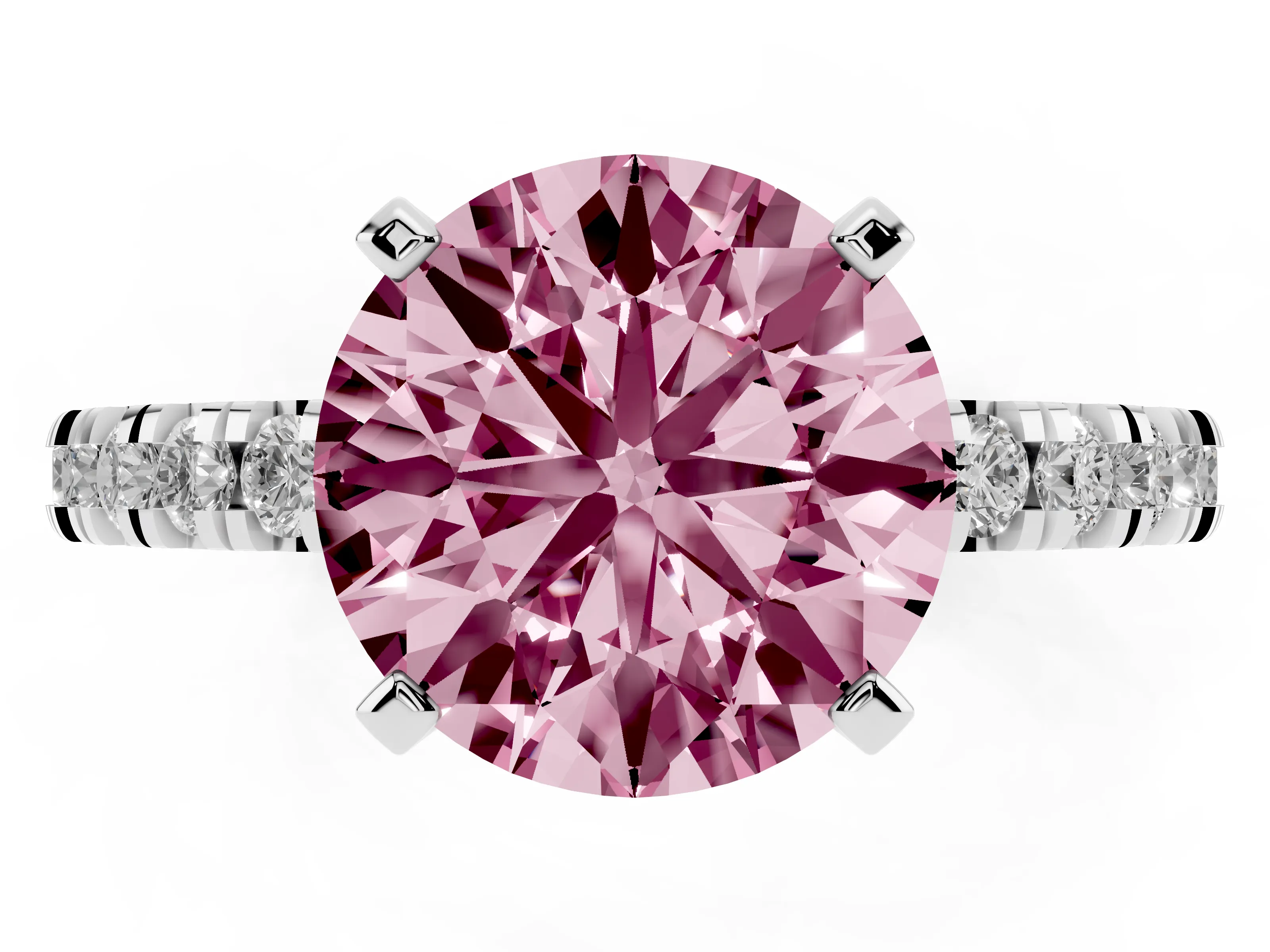 Fancy Pink Round Cut Diamond Pavé Band Solitaire Set in Platinum with Prong Setting
