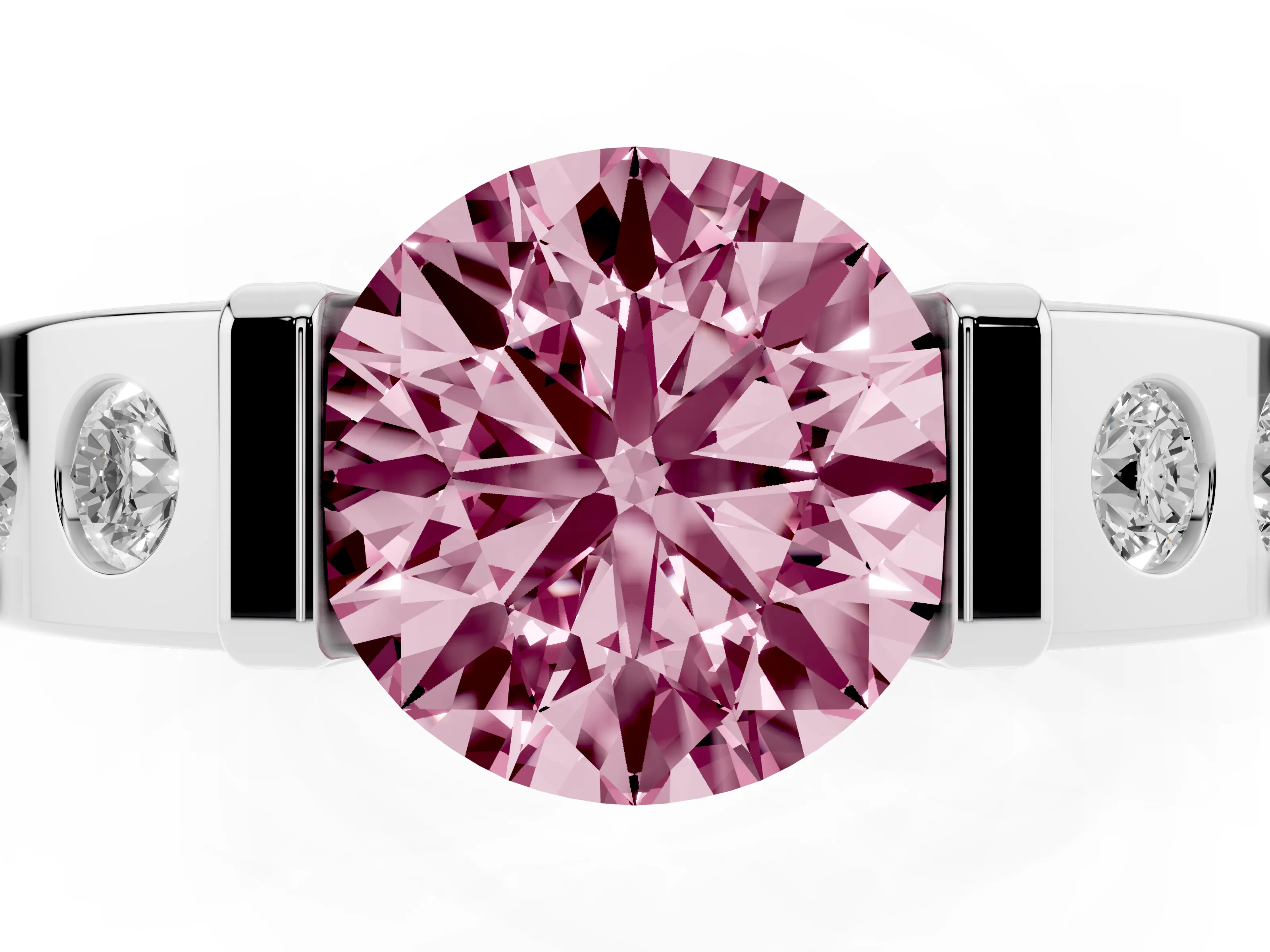 Fancy Pink Round Cut Diamond Channel-Set Band Ring Set in Silver with Bezel Prong Setting