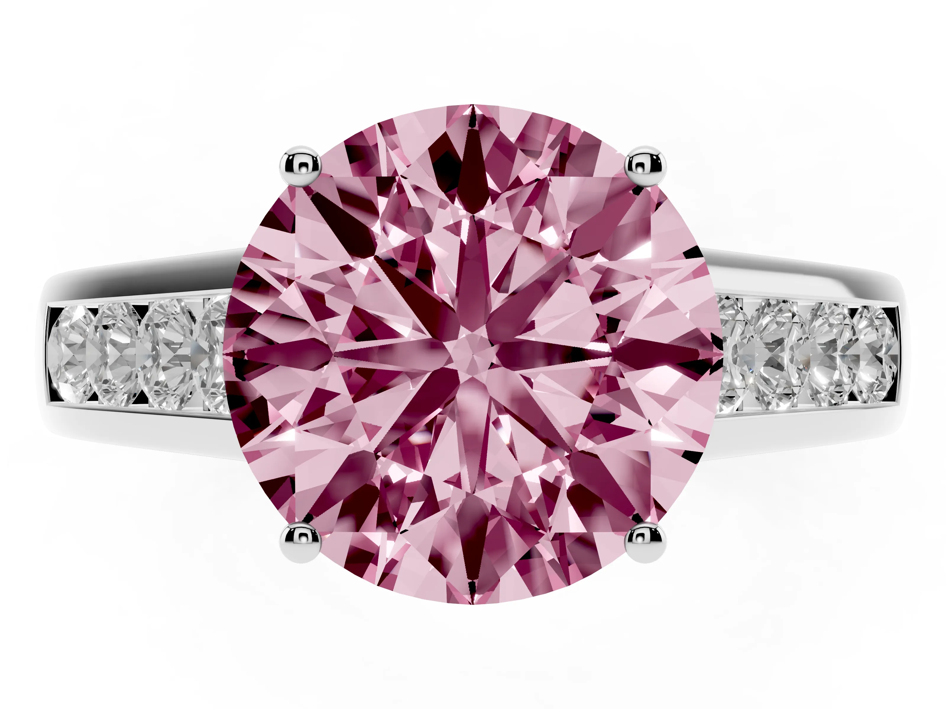 Fancy Pink Round Cut Diamond Solitaire Channel-Set Engagement Ring Set in Silver with Prong Setting