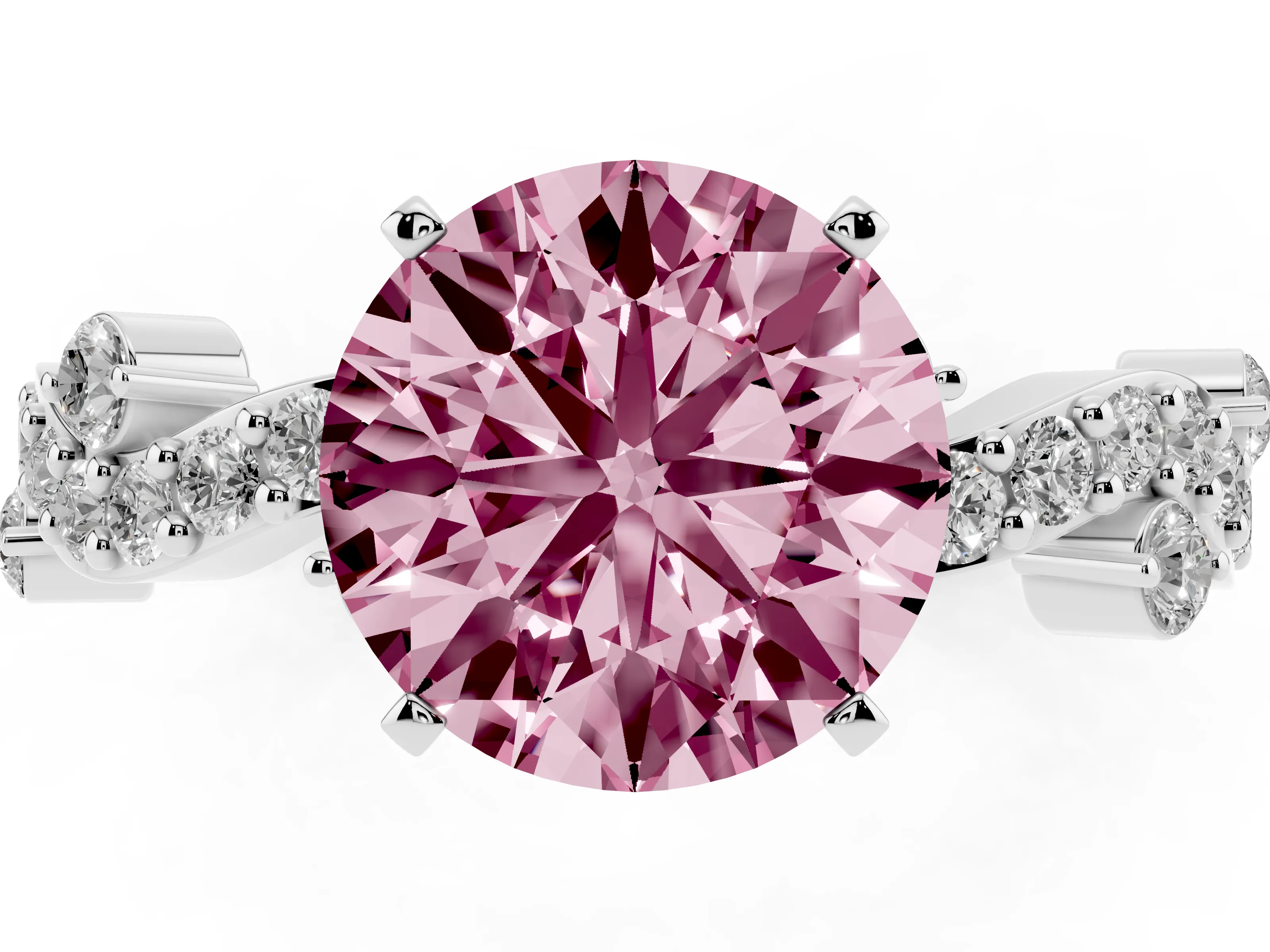 Fancy Pink Round Cut Diamond Solitaire Twisted Band Set in Platinum with Pavé Setting