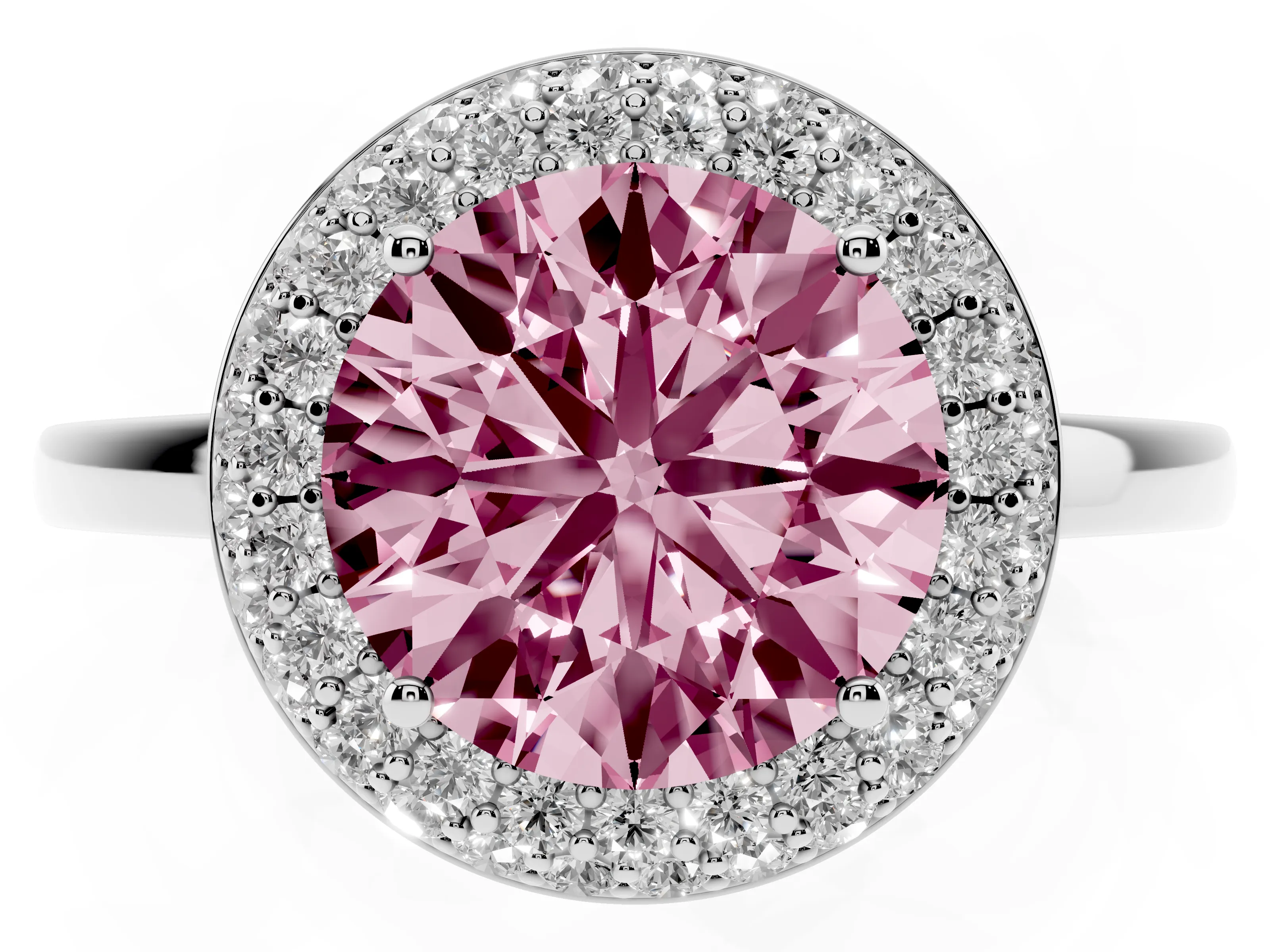 Fancy Pink Round Cut Diamond Halo Engagement Ring Set in White gold with Solitaire Band and Prong Setting