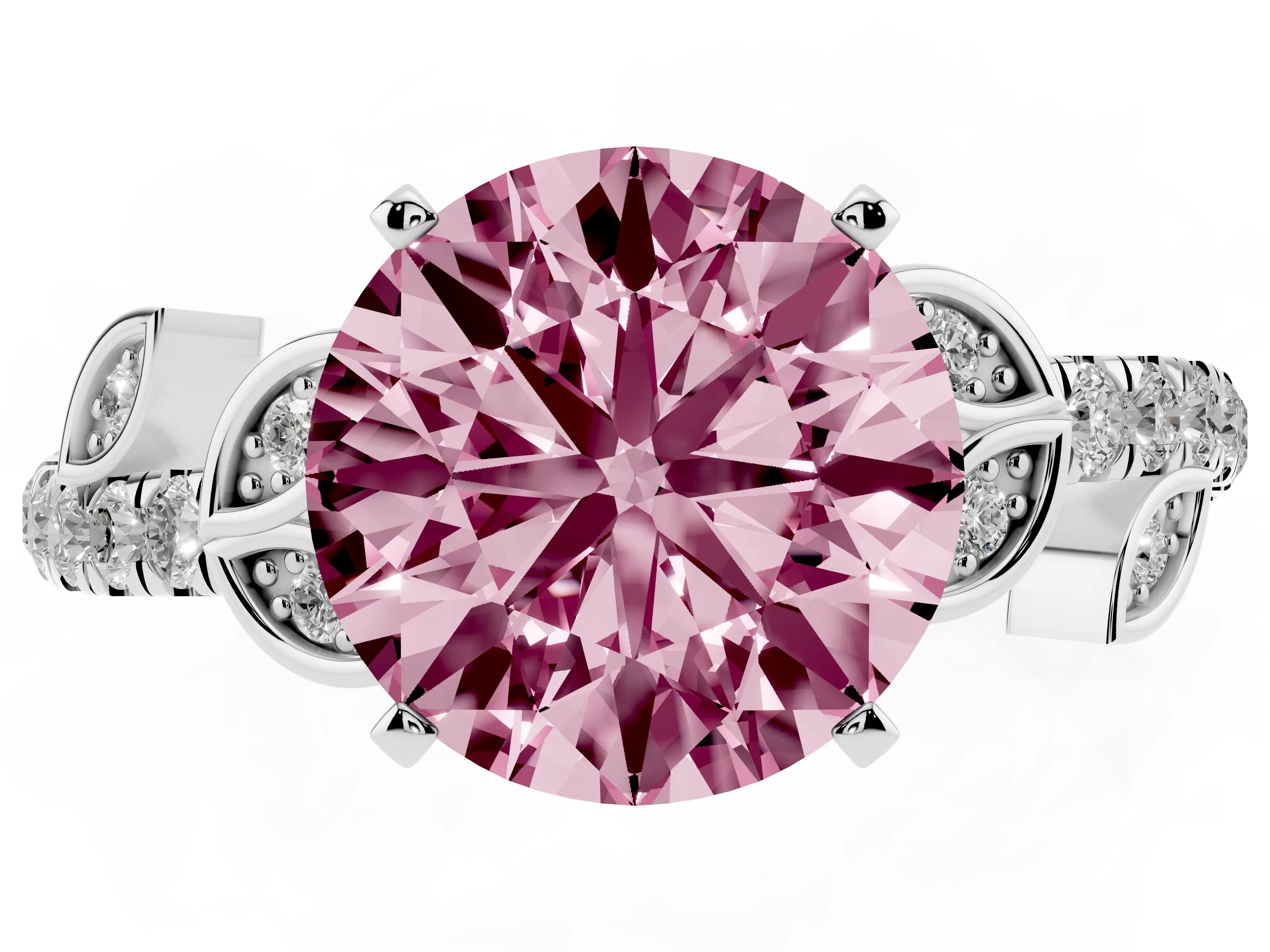 Fancy Pink Round Cut Diamond Solitaire Leaf-Inspired Ring Set in Platinum with Pavé Band and Prong Setting