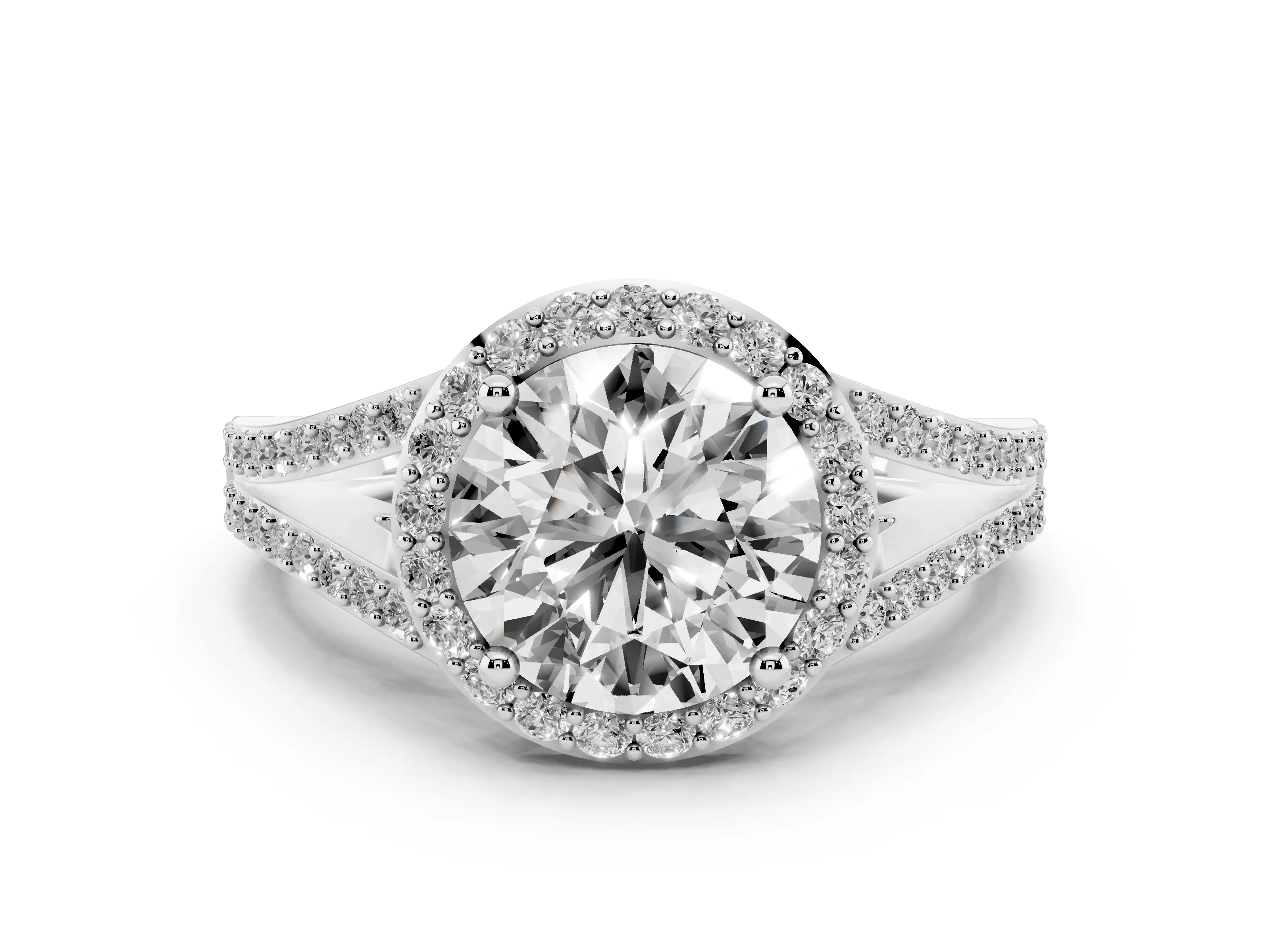 Round Cut Diamond Halo Split Shank Pavé Ring Set in Platinum with Prong Setting