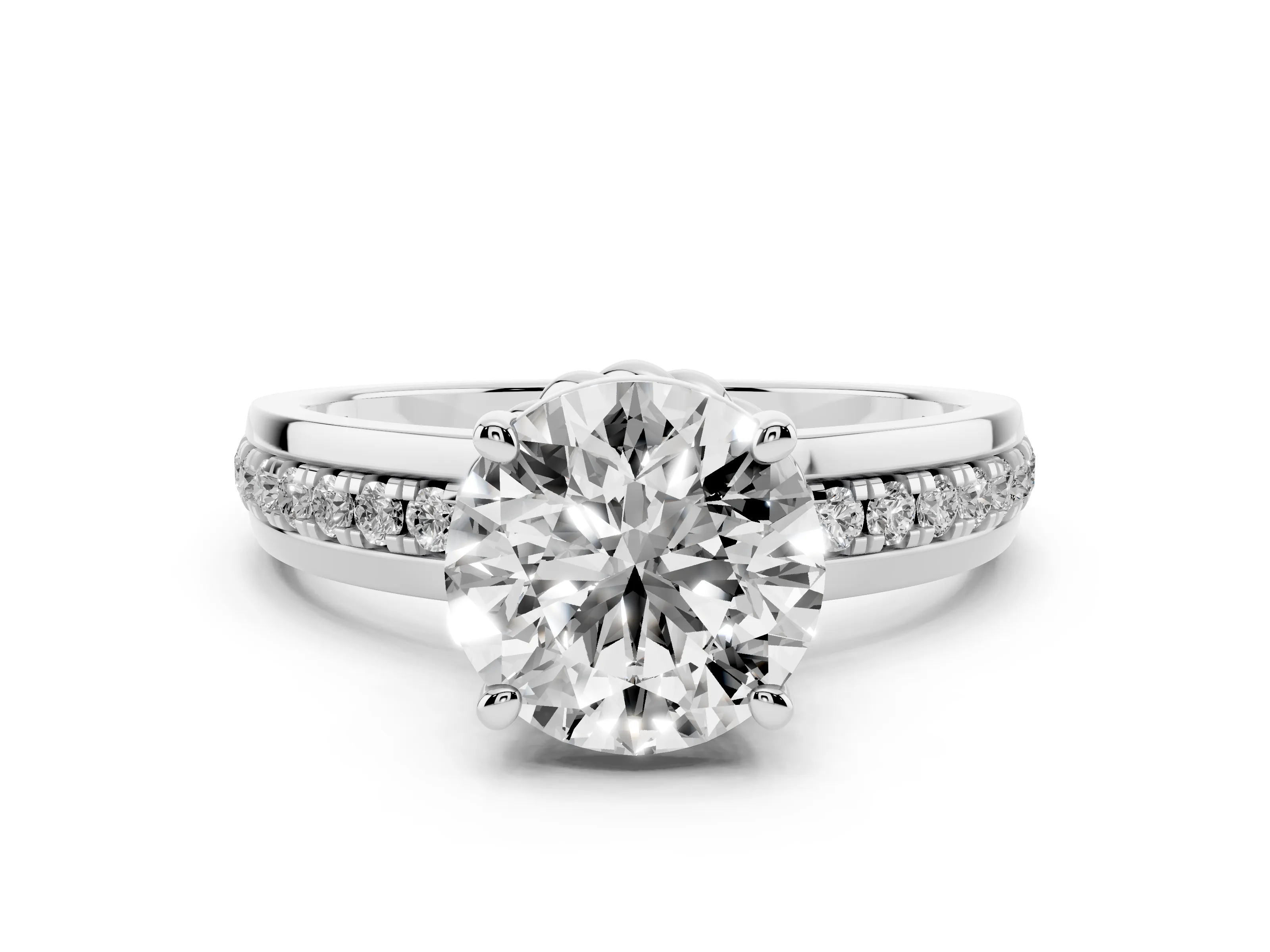 Round Cut Diamond Solitaire Ring Set in Platinum with Channel Set Band and Prong Setting