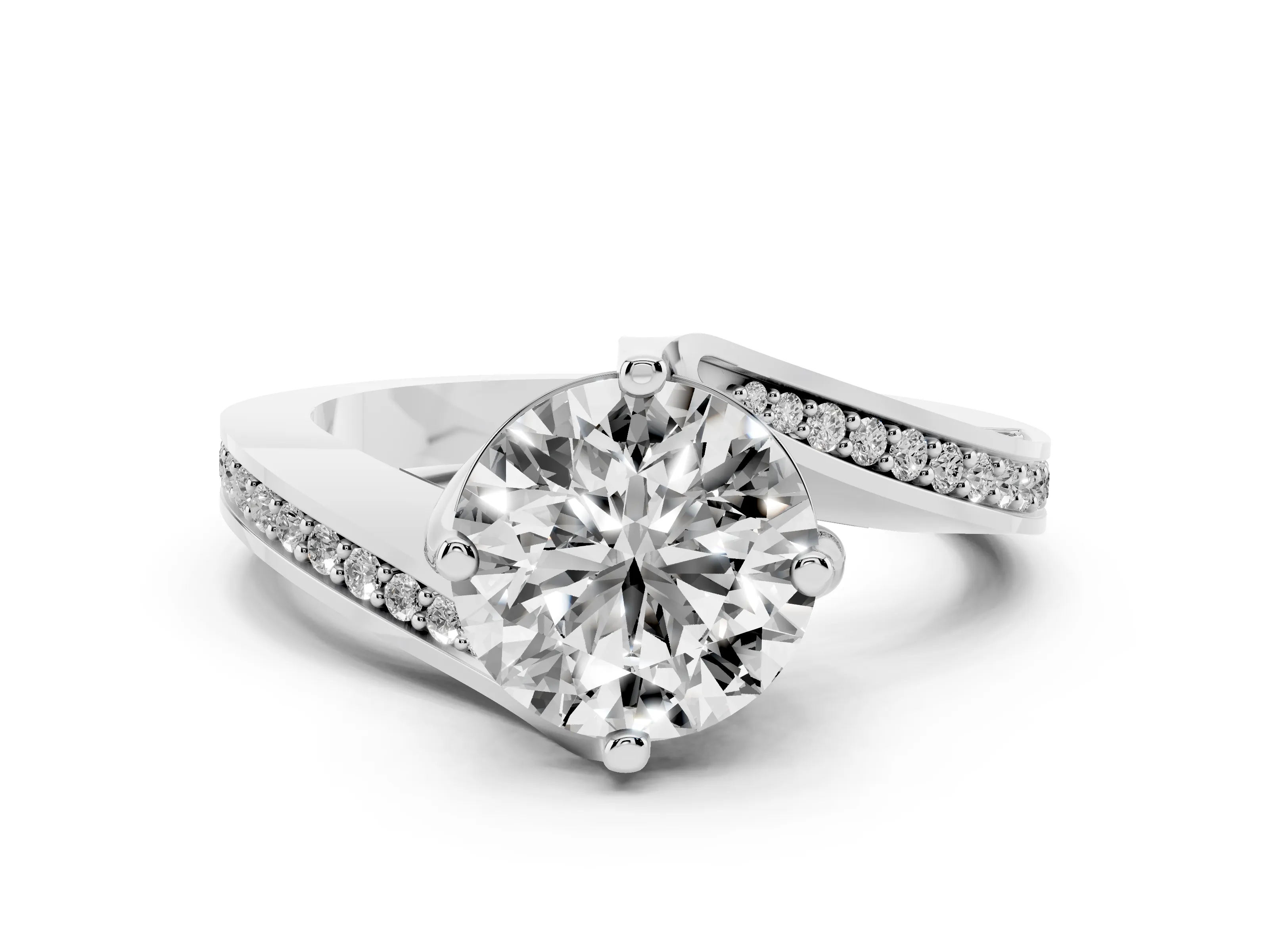 Round Cut Diamond Solitaire Ring Set in White gold with Intertwined Pavé Twist Band