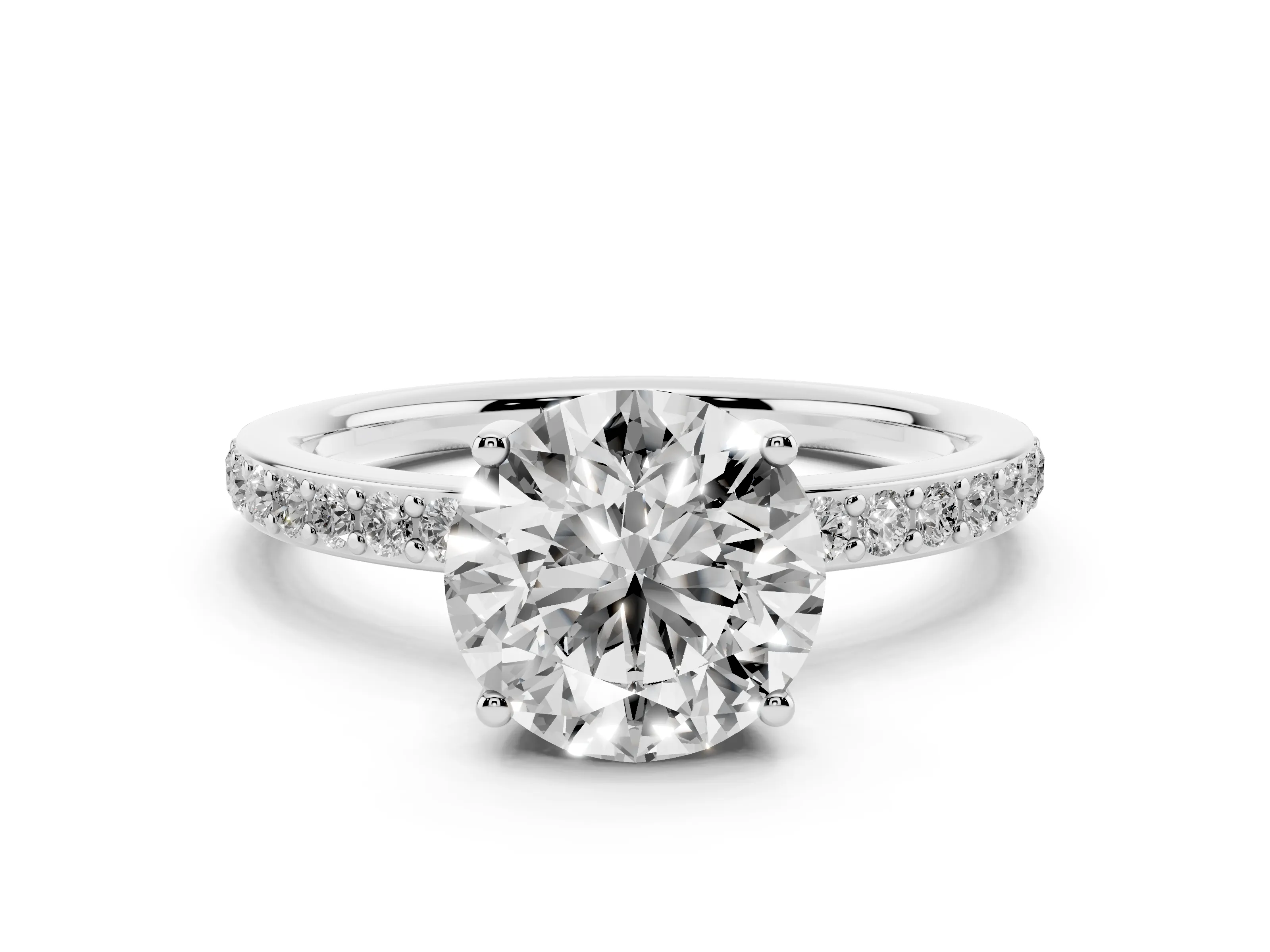 Round Cut Diamond Pavé Band Ring Set in Silver with Prong-Set Center Stone